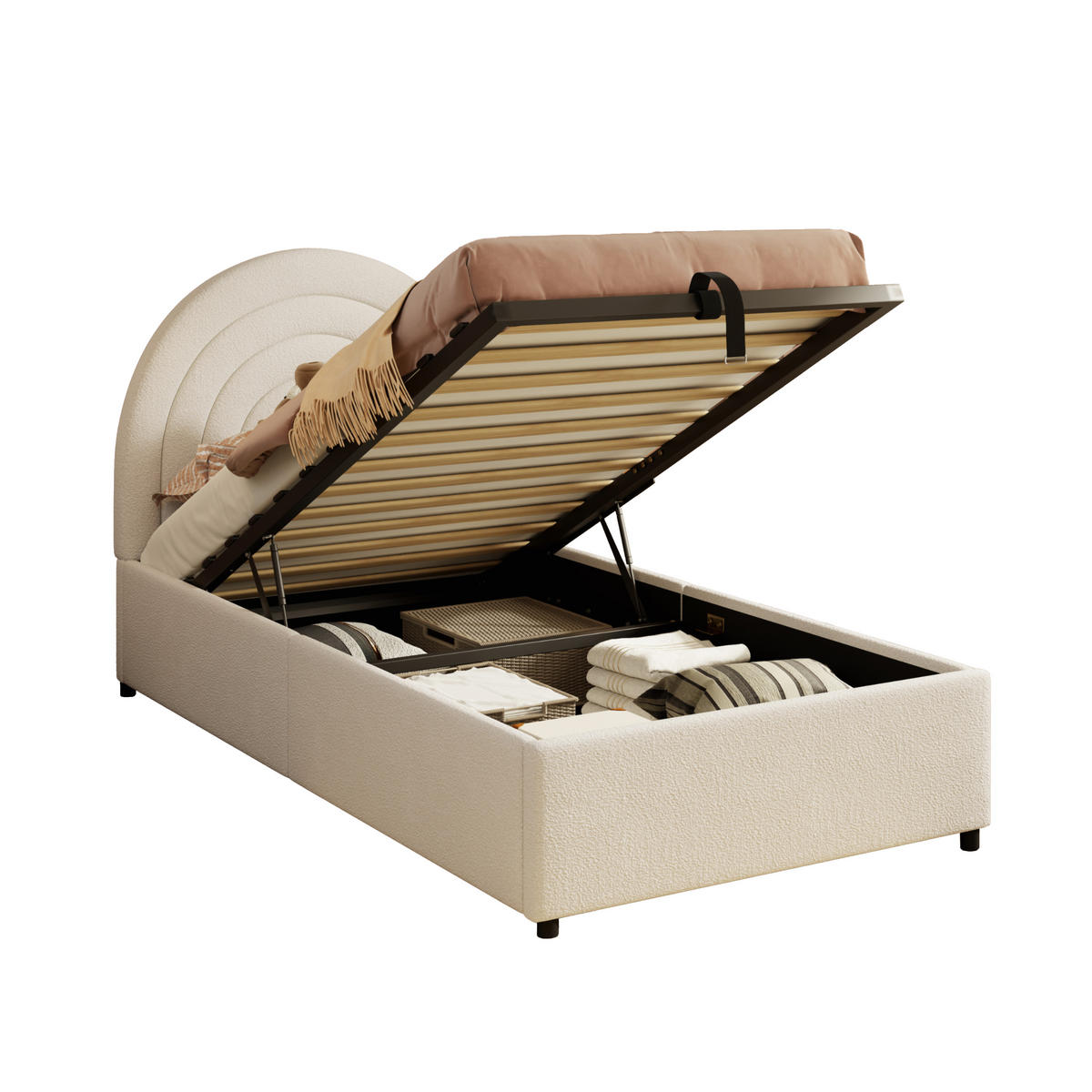 POLSTERBETT 90/200 cm in Beige mit Stauraum, Kopfteil und Bouclé - Beige, Holzwerkstoff/Textil (90/200cm) - CHICFURN