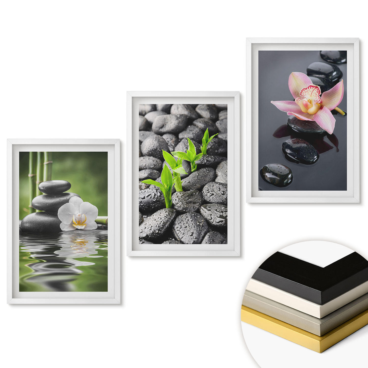 WANDBILDER 3er-Set - 40x60 cm Weißer Rahmen - Eine ruhige Zen-Komposition aus Blumen und Wasser - Weiß, Kunststoff (40/60cm) - ArtPrintCave