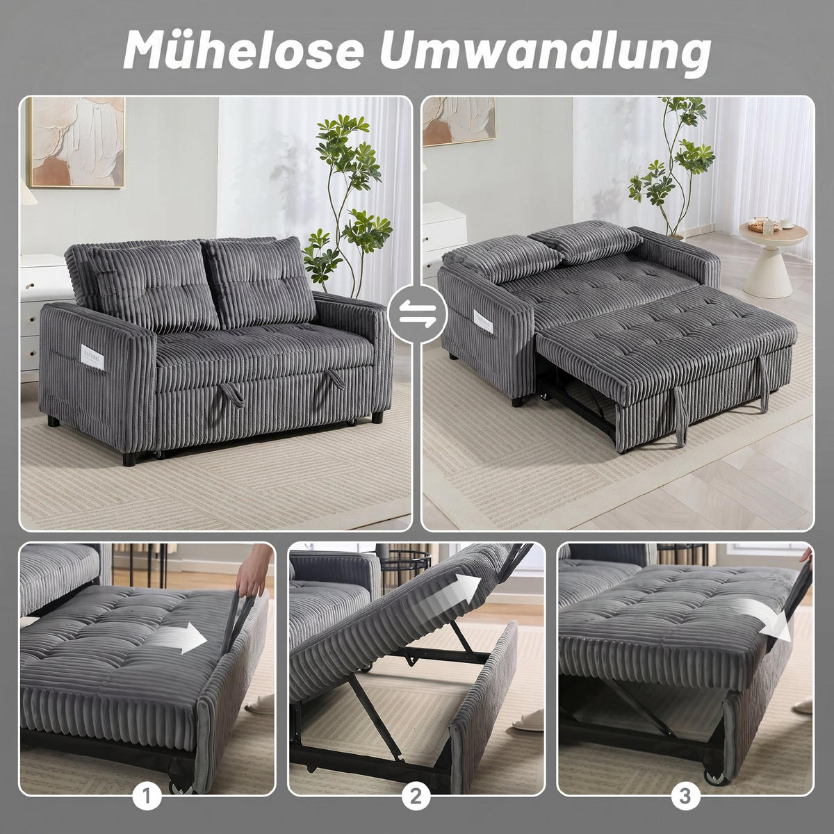 SCHLAFSOFA Polyester, Stahl Dunkelgrau - Dunkelgrau/Hellgrau, Holz/Kunststoff (90/91/157cm) - HOMCOM