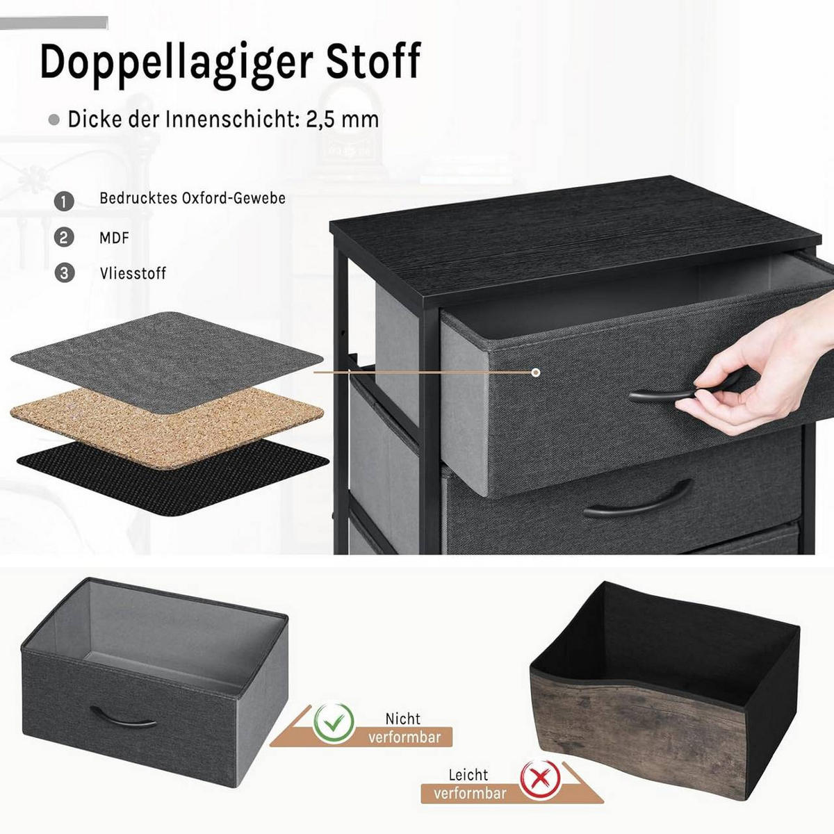 KOMMODE mit 5 Schubladen, aus Holzwerkstoff, Schwarz + Dunkelgrau - Dunkelgrau/Schwarz, Holzwerkstoff/Textil (45.5/95.5/30cm) - Woltu