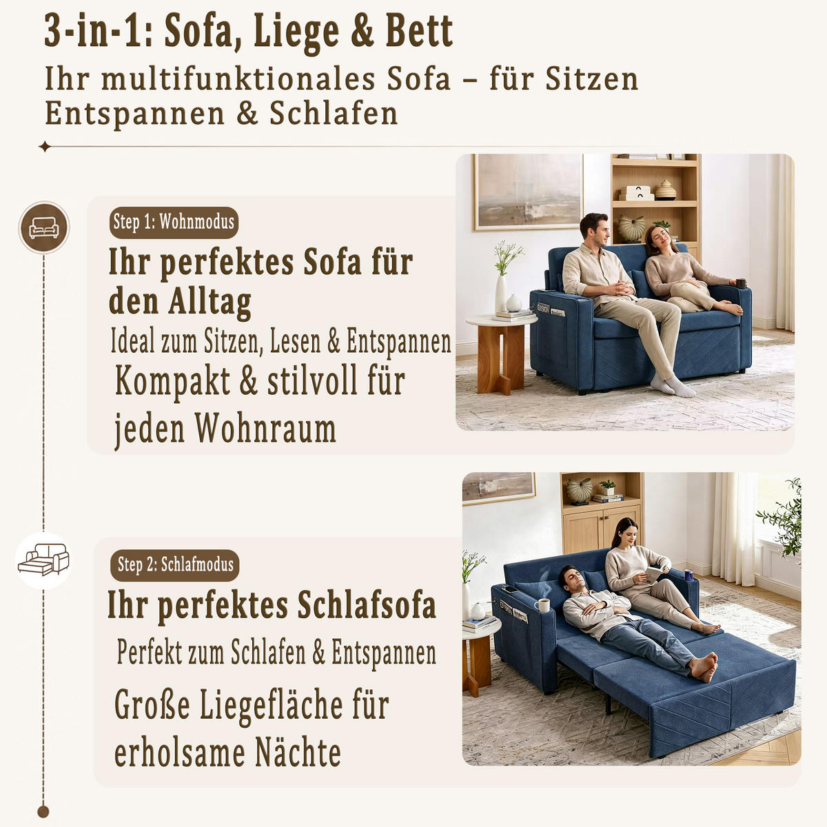 SCHLAFSOFA 134/82/73 cm Marineblau mit USB Charging und Aufbewahrungstasche - Blau, Textil (134/73/195cm) - Oxeza