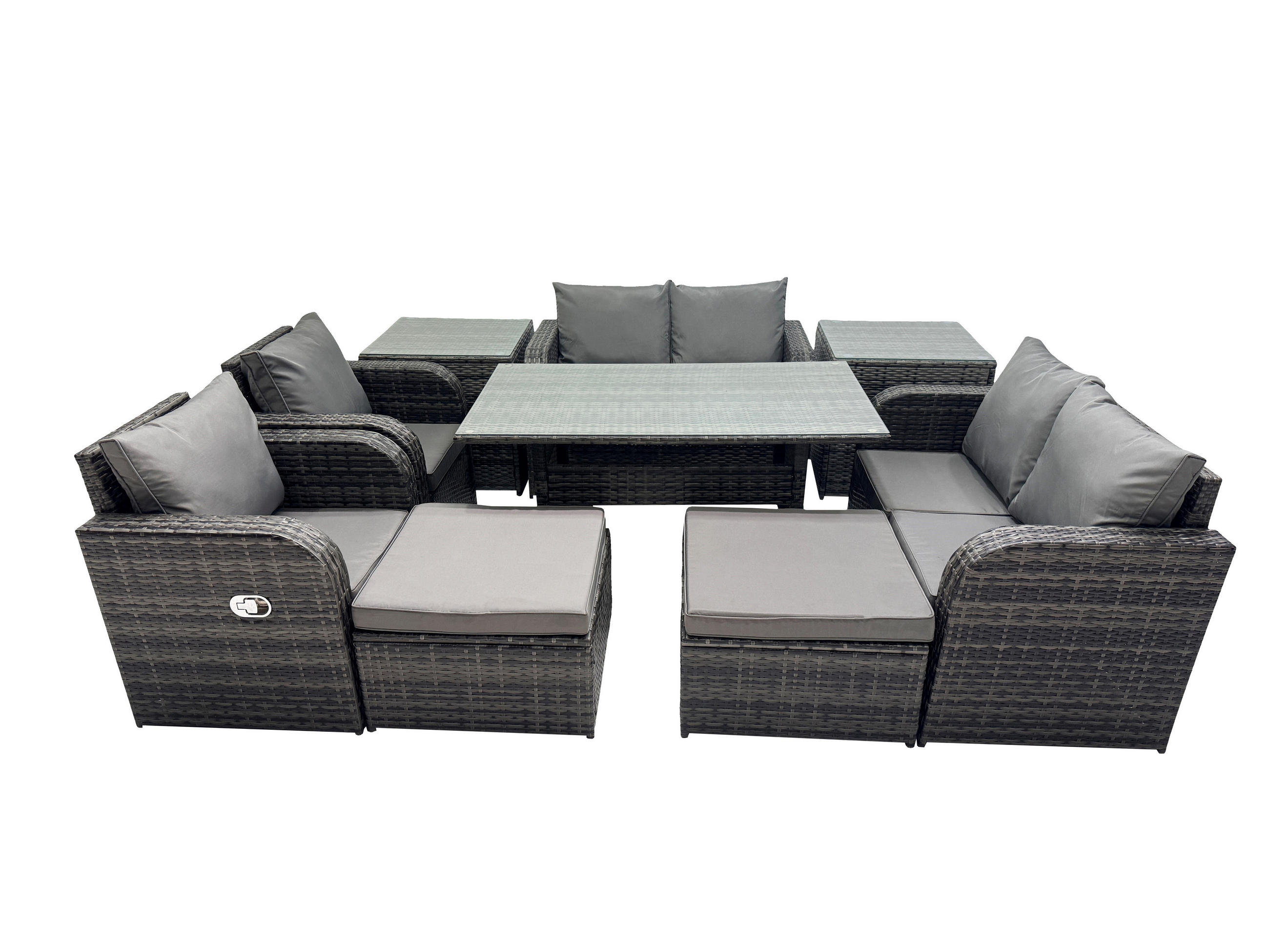 Gartenmöbelset mit Esstisch,Hockern,Beistelltischen Polyrattan Dunkelgrau 8-Sitzer - Dunkelgrau/Grau, Glas/Kunststoff - Fimous