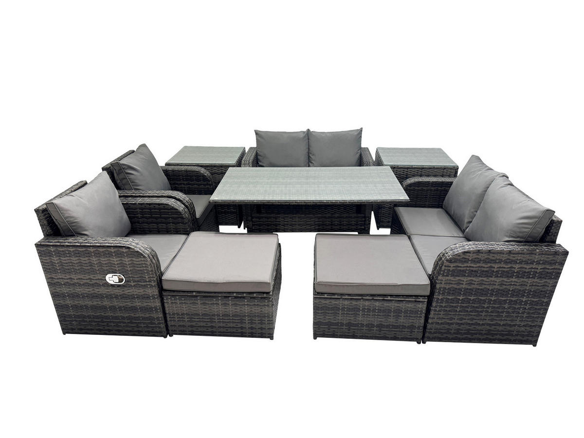 Gartenmöbelset mit Esstisch,Hockern,Beistelltischen Polyrattan Dunkelgrau 8-Sitzer - Dunkelgrau/Grau, Glas/Kunststoff - Fimous