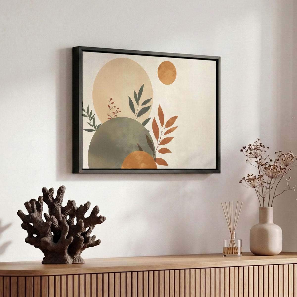 LEINWAND Bilder mit Rahmen - Formen - Rund - Blätter - Beige - 30x20 - Rostfarben, Textil (30/20cm) - MuchoWow