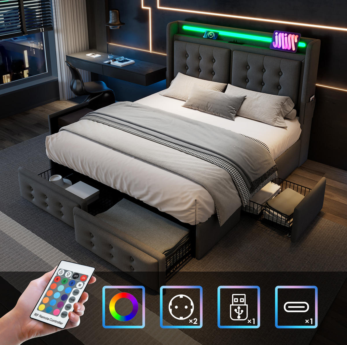 POLSTERBETT 160/200 cm Grau mit LED-Kopfteil und USB-Anschlüssen Mit Matratze - Grau, Textil (160/200cm) - OKWISH