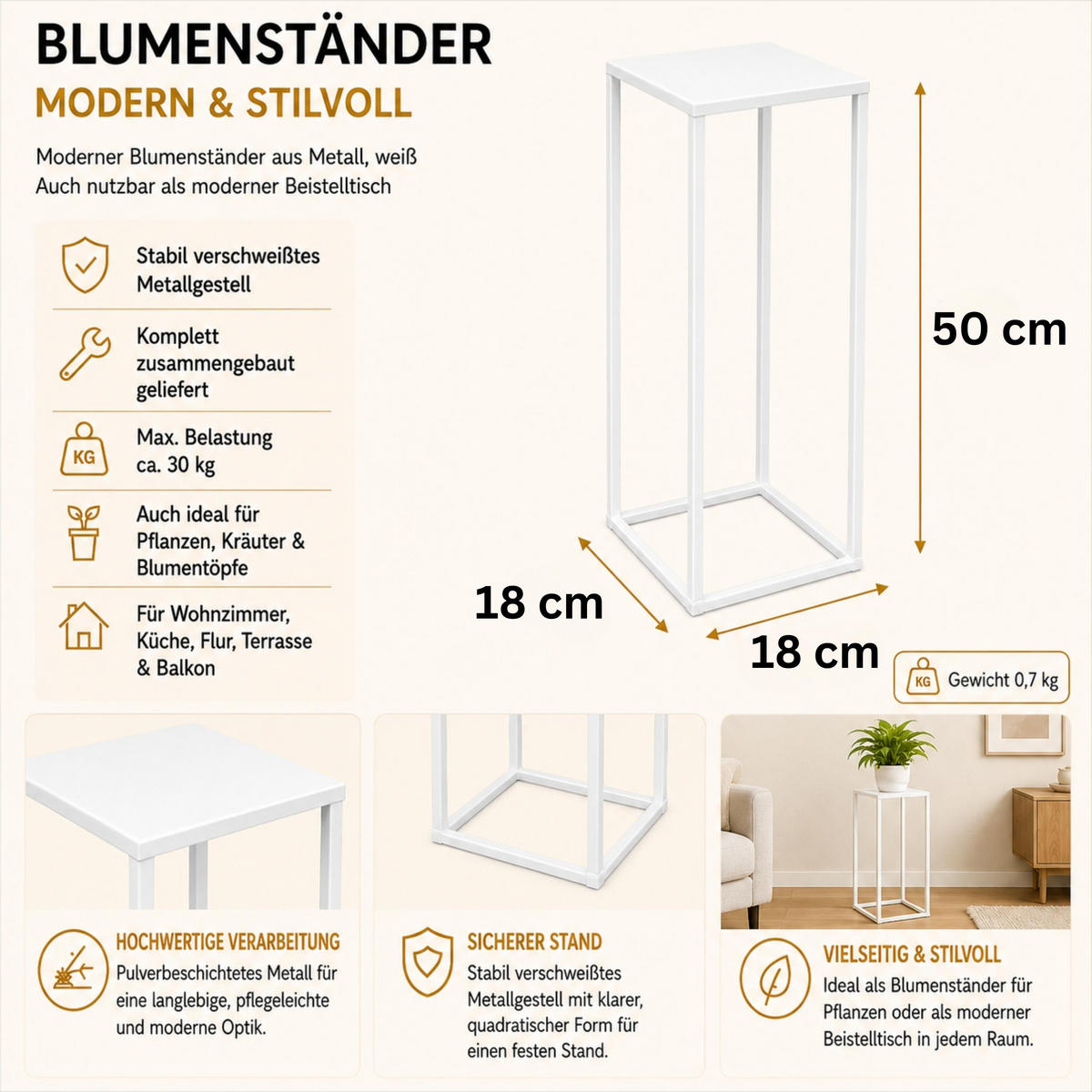 DANDIBO Blumenhocker Metall Weiß Eckig 50 cm Blumenständer Beistelltisch 96482 S Blumensäule Modern Pflanzenständer Pflanzenhocker - Weiß, Metall (18/50/18cm) - DanDiBo