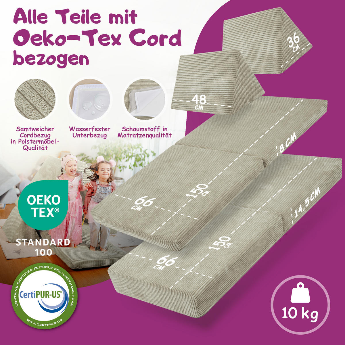 KINDERSOFA Spielparadies - Hellgrau, Textil (66/52/150cm) - Linodino