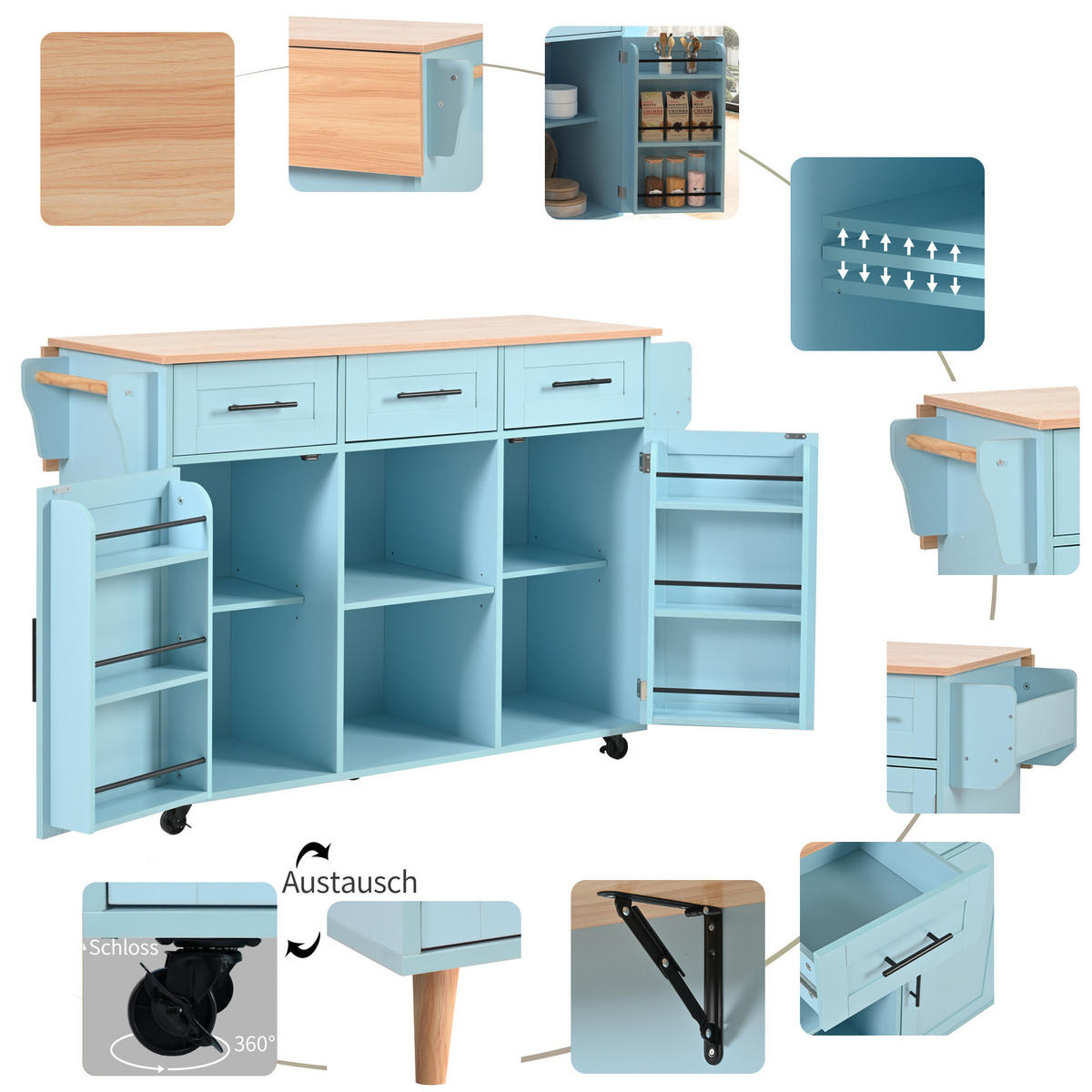 KÜCHENINSEL 139/91,5/46(71) cm Blau aus MDF mit klappbarer Arbeitsplatte - Blau, Holzwerkstoff (46/91.5/139cm) - OKMYHOME