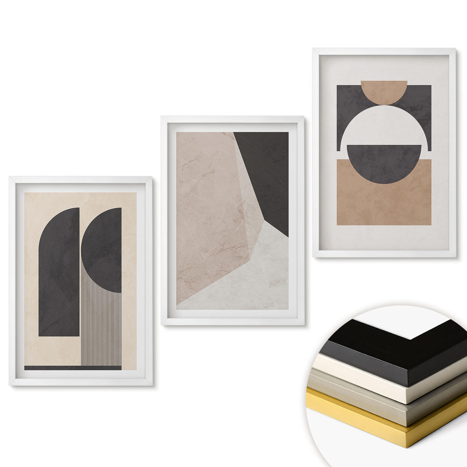 WANDBILDER 3er-Set - 40x60 cm Weißer Rahmen - Abstrakte Formen beige braun - Weiß, Kunststoff (40/60cm) - ArtPrintCave