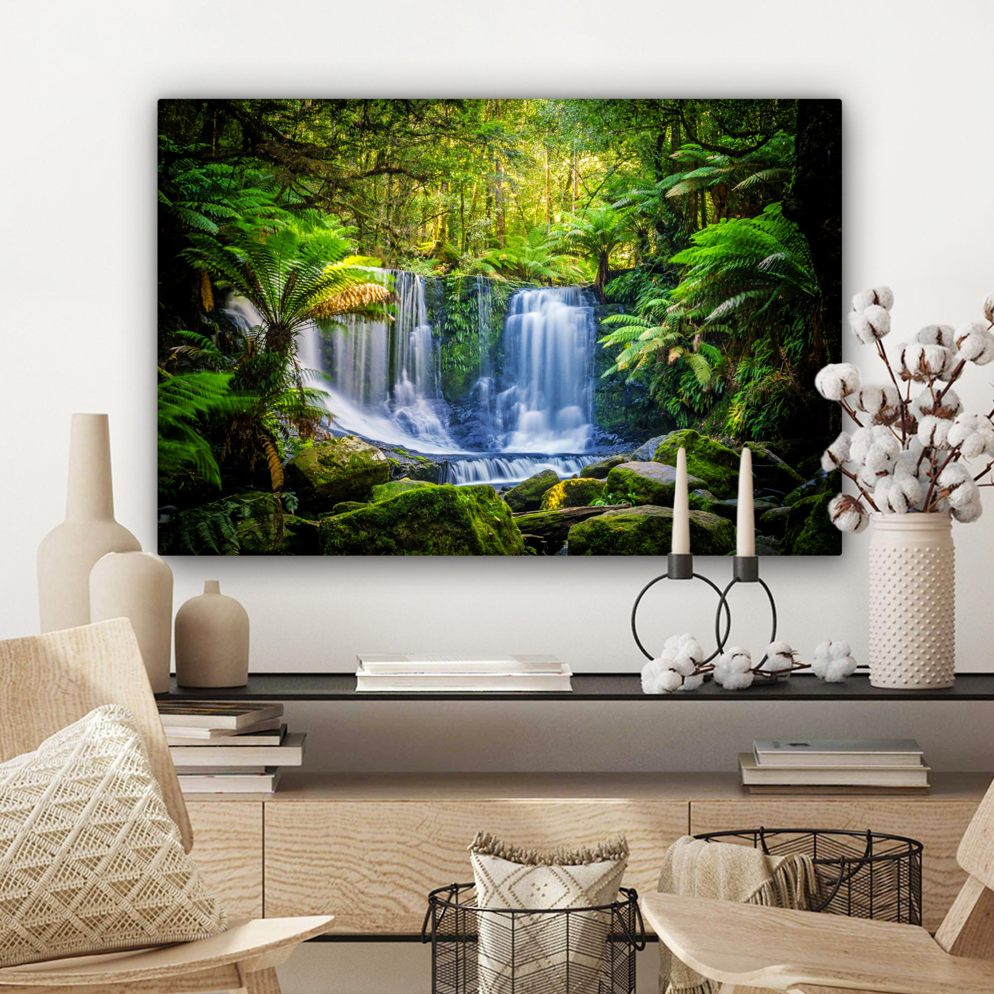 LEINWANDBILD Dschungel - Wasserfall - Australien - Pflanzen - Natur Wanddeko 90x60 cm - Dunkelgrün, Textil (90/60cm) - MuchoWow