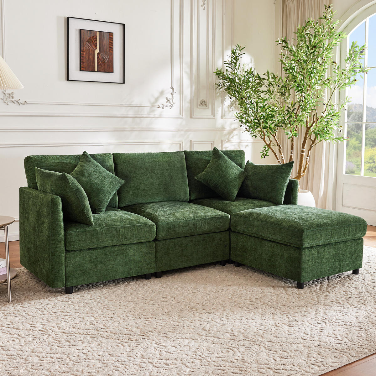 ECKSOFA DE-33354 modular mit Hocker und 4 Kissen Grün - Grün, Holzwerkstoff (216/161cm) - ComfortXL