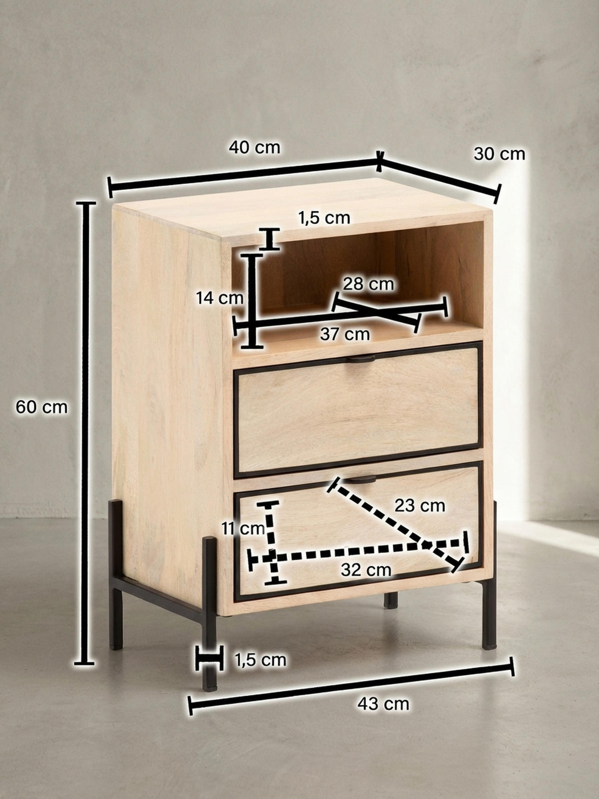 NACHTTISCH – Mango Massivholz/Metall, 43x60x30 cm, 2 Schubladen, braun - Schwarz/Braun, Holz/Metall (43/60/50cm) - KADIMA DESIGN