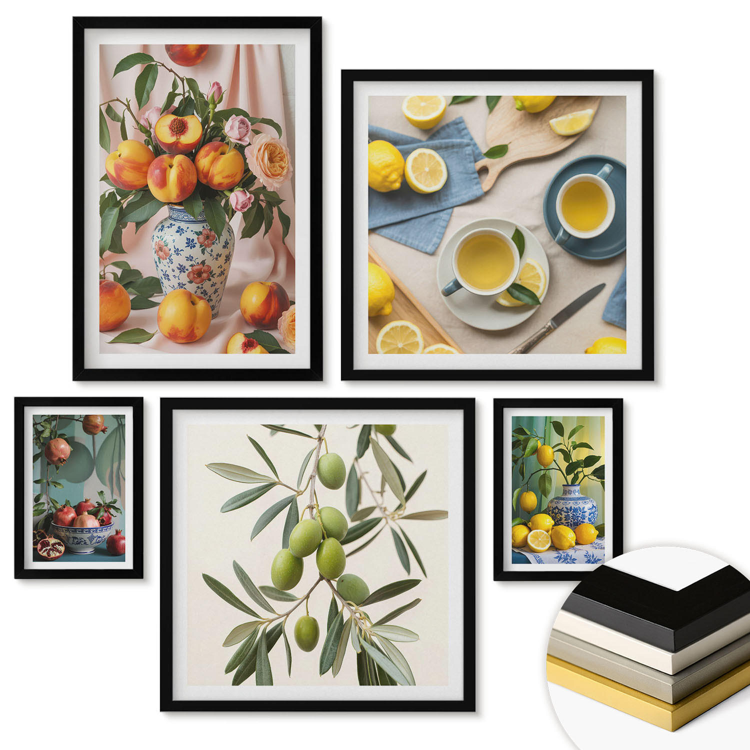 WANDBILDER 5er-Set - 50x50 cm & 20x30 cm & 40x60 cm Schwarzer Rahmen - Fruchtzusammensetzungen - Schwarz, Kunststoff (40/60cm) - ArtPrintCave