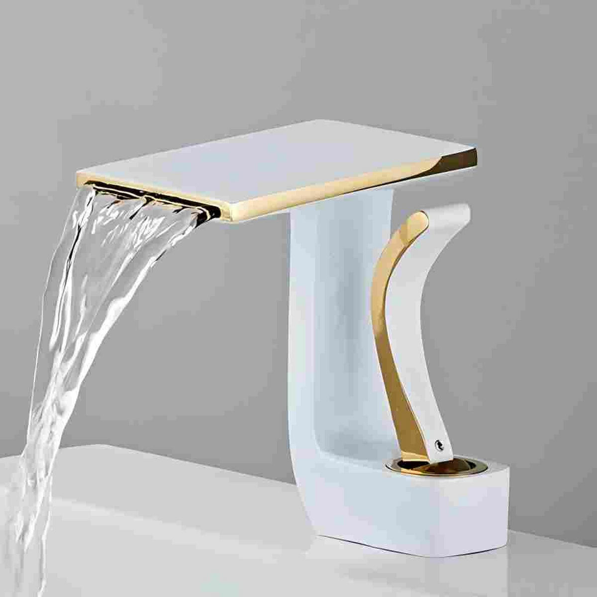 WASCHBECKENARMATUR mit Wasserfallauslauf, Einhebelmischer Kalt-/Warmwasser, Weiß-Gold - Goldfarben, Metall (17/16/21cm) - TVTIUO