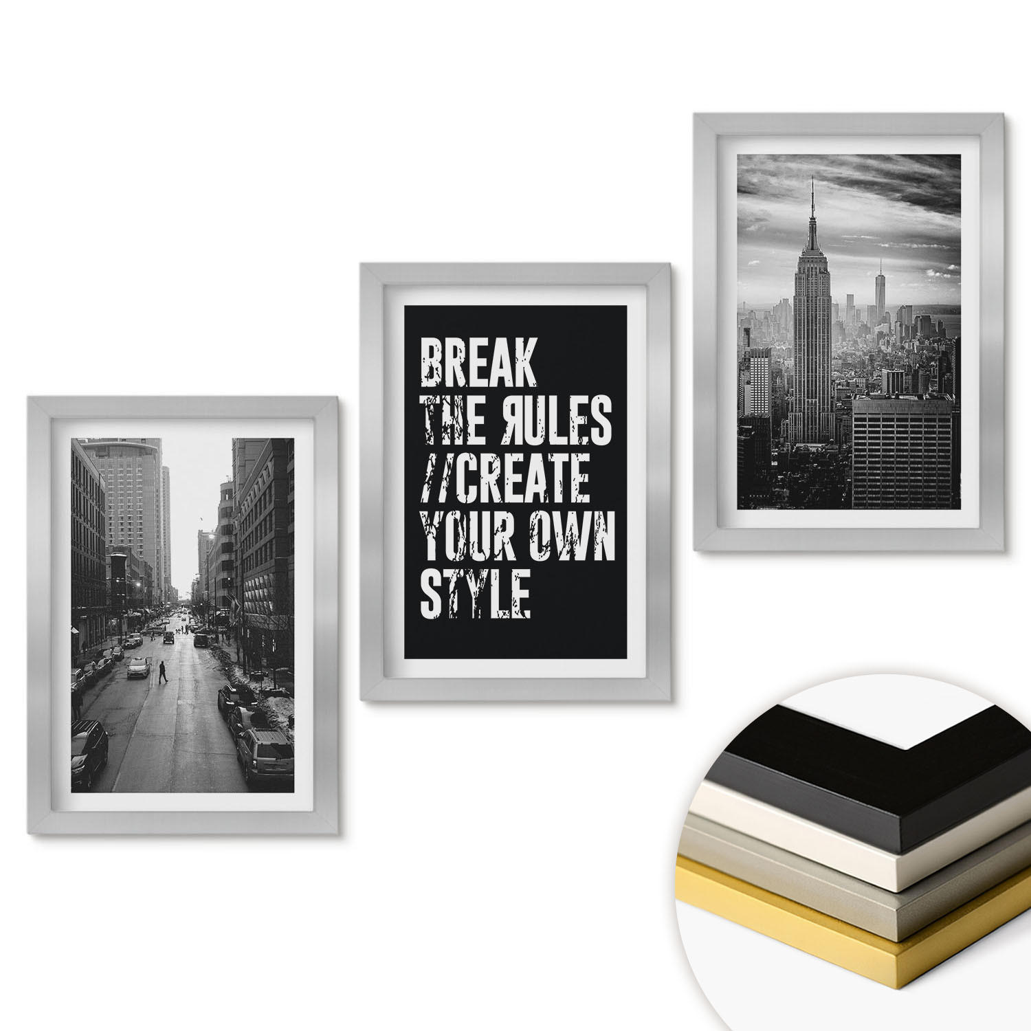 WANDBILDER 3er Set - 20x30 cm Silberner Rahmen - Inspiration für Schwarz-Weiß-Darstellungen von Stadtstraßen - Silberfarben, Kunststoff (20/30cm) - ArtPrintCave
