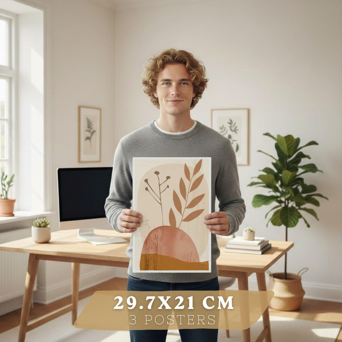PLAKAT Sada 3 abstraktních dekorativních tisků na stěnu pro obrázky obývacího pokoje.Dekorace v hnědých květinových tónech. Velikost A4 Bílý rám - bílá, papír (29.7/42/3cm)