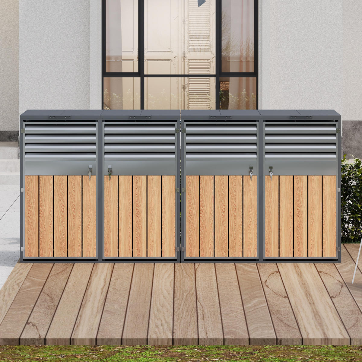 MÜLLTONNENBOX aus Stahl in Grau Holzoptik mit Klappdeckel & Schloss 264x80x118,5 cm - Grau, Metall (264/118.5/80cm) - Modfu