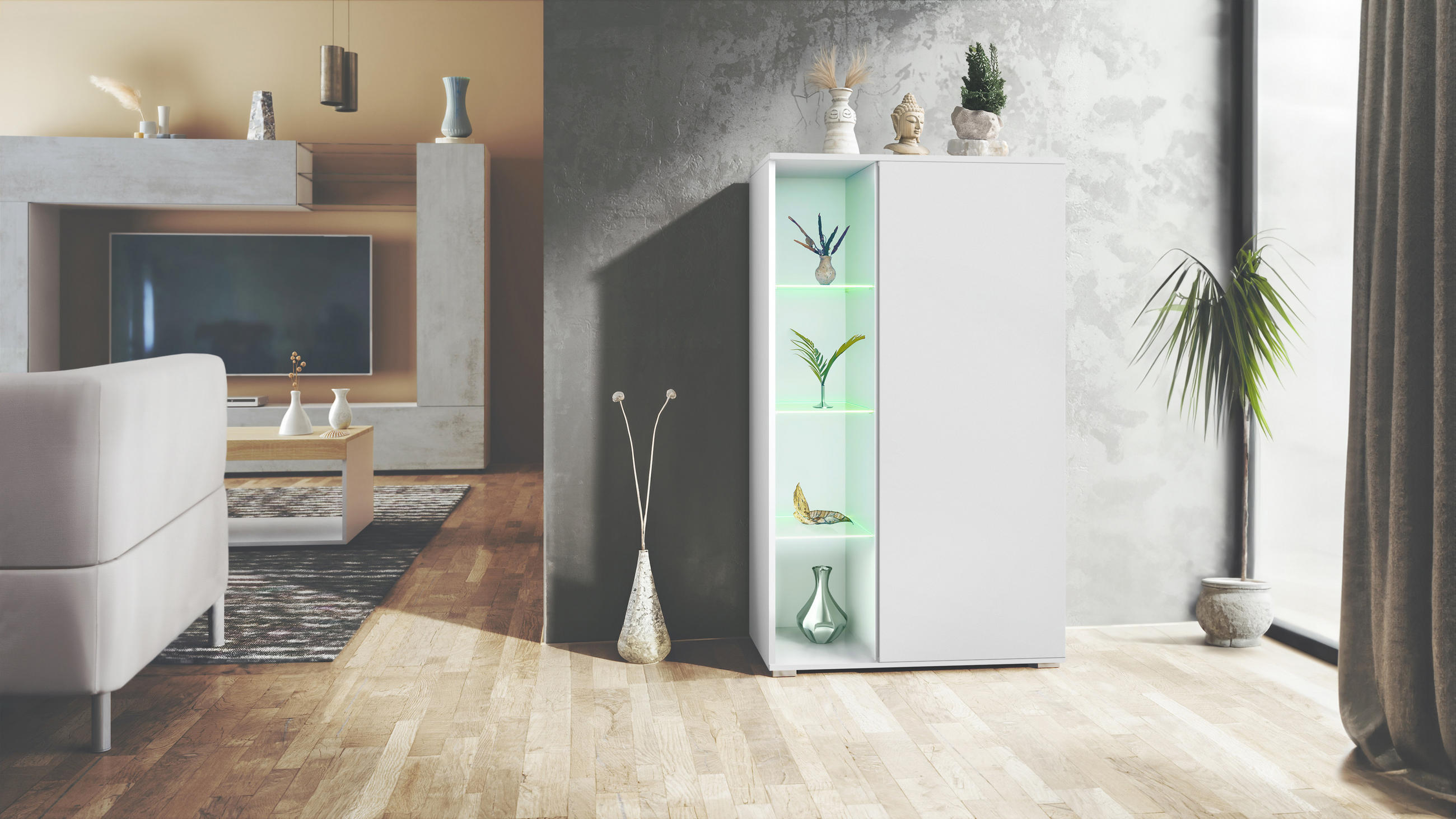 VITRINE Davos Weiß matt - Weiß, Holzwerkstoff (71.5/134/35cm) - Vladon