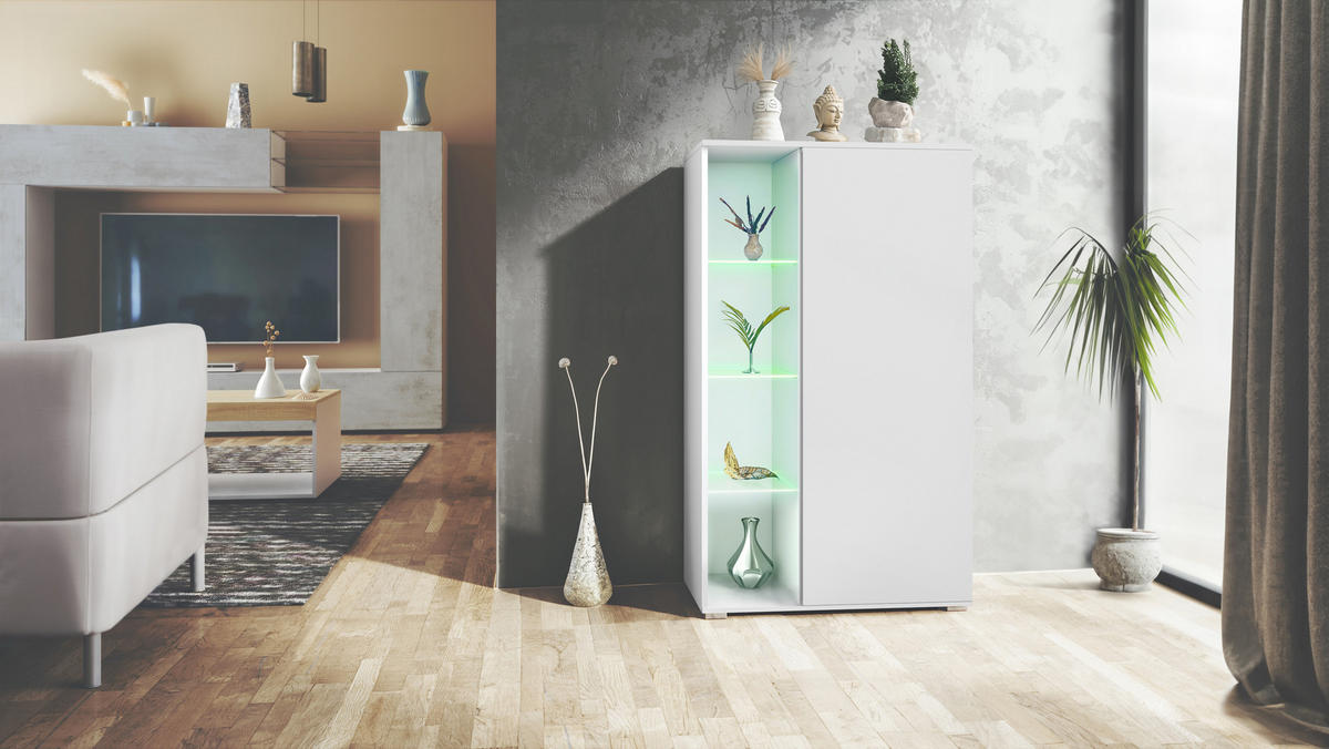 VITRINE Davos Weiß matt - Weiß, Holzwerkstoff (71.5/134/35cm) - Vladon