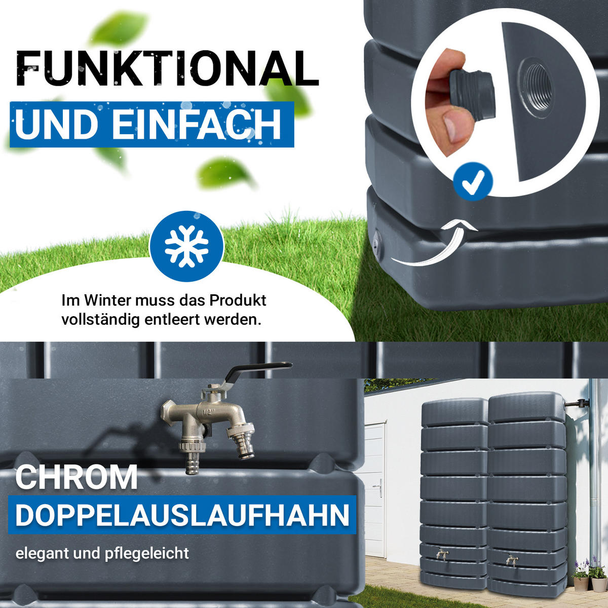 REGENTONNEN Wandtank-SET Komplett-Set 1000 L, graphite grey 2 x 500 L, inkl. Verbinder und Fallrohranschluss - Grau, Kunststoff (51/184/150cm) - 4rain