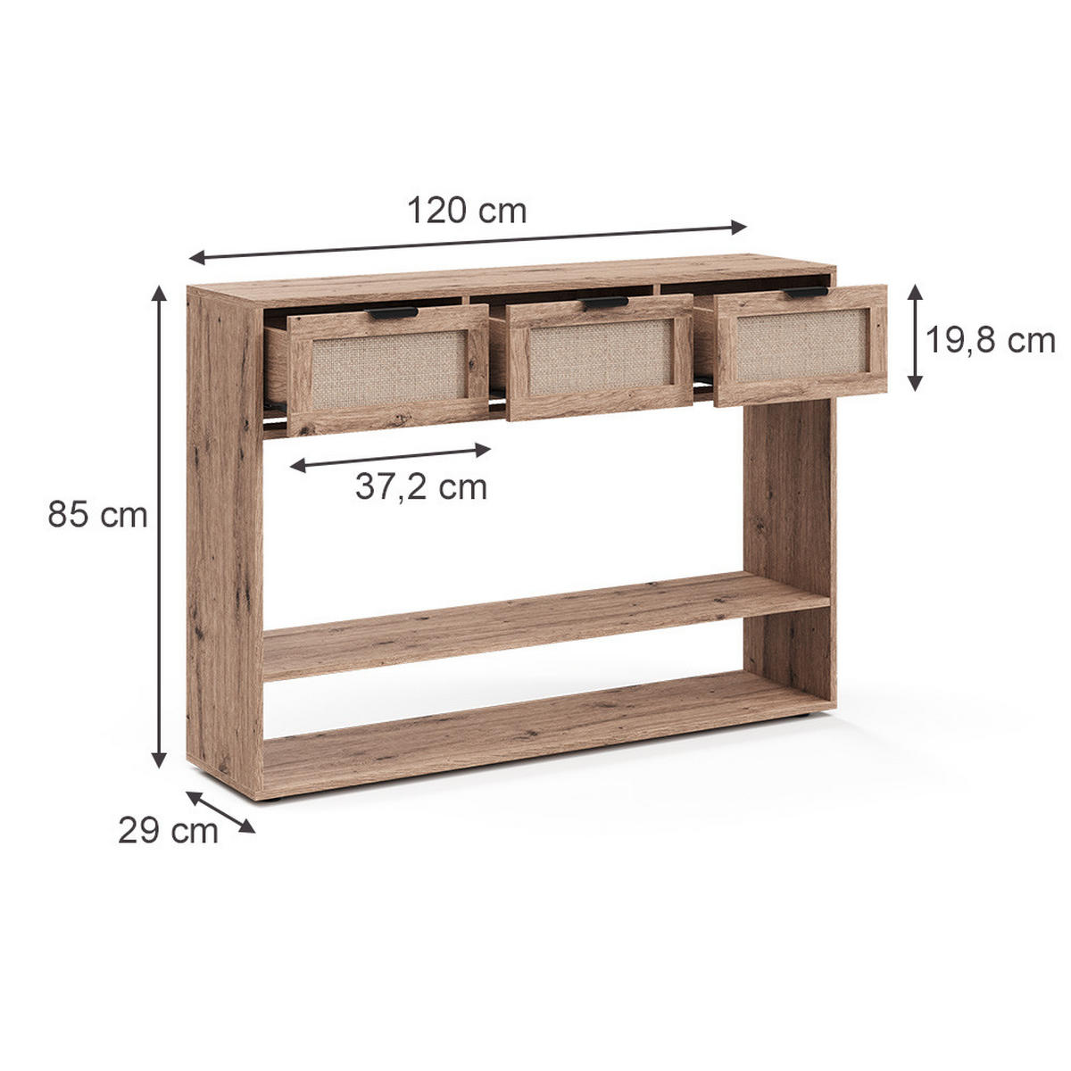 KONSOLENTISCH Elven, Eiche, 120 x 85 cm mit 3 Schubladen - Eichefarben, Holzwerkstoff (120/85/29cm) - Vicco