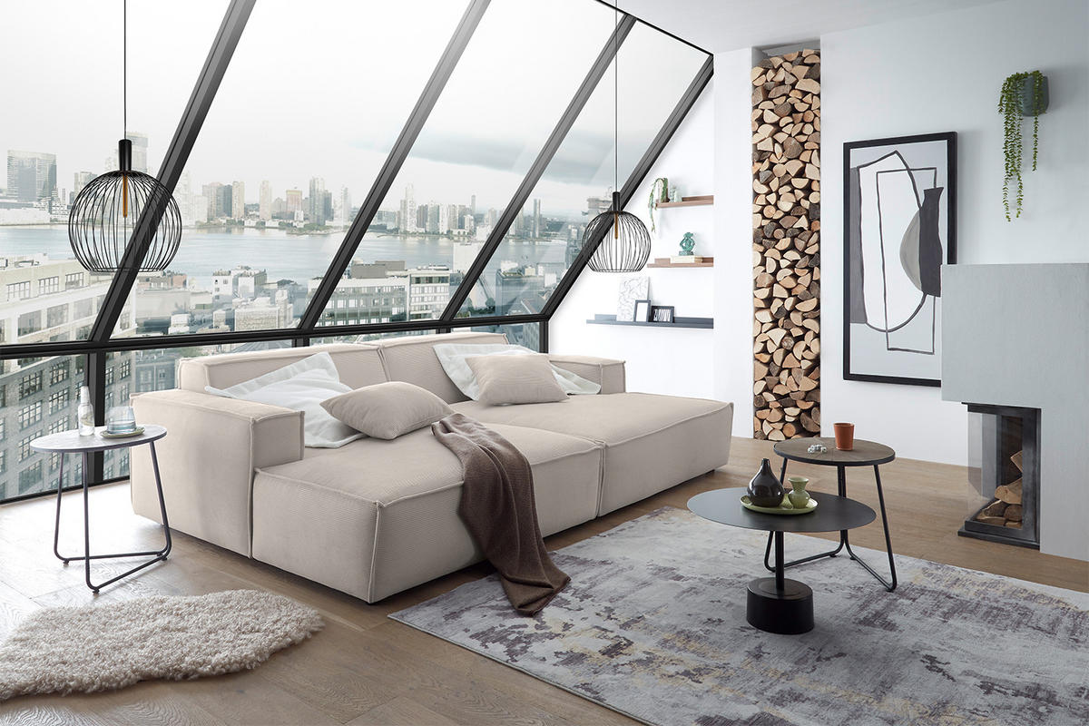 BIG SOFA SAMU Beige Cord - Beige/Schwarz, Textil (256/72/168cm) - KAWOLA
