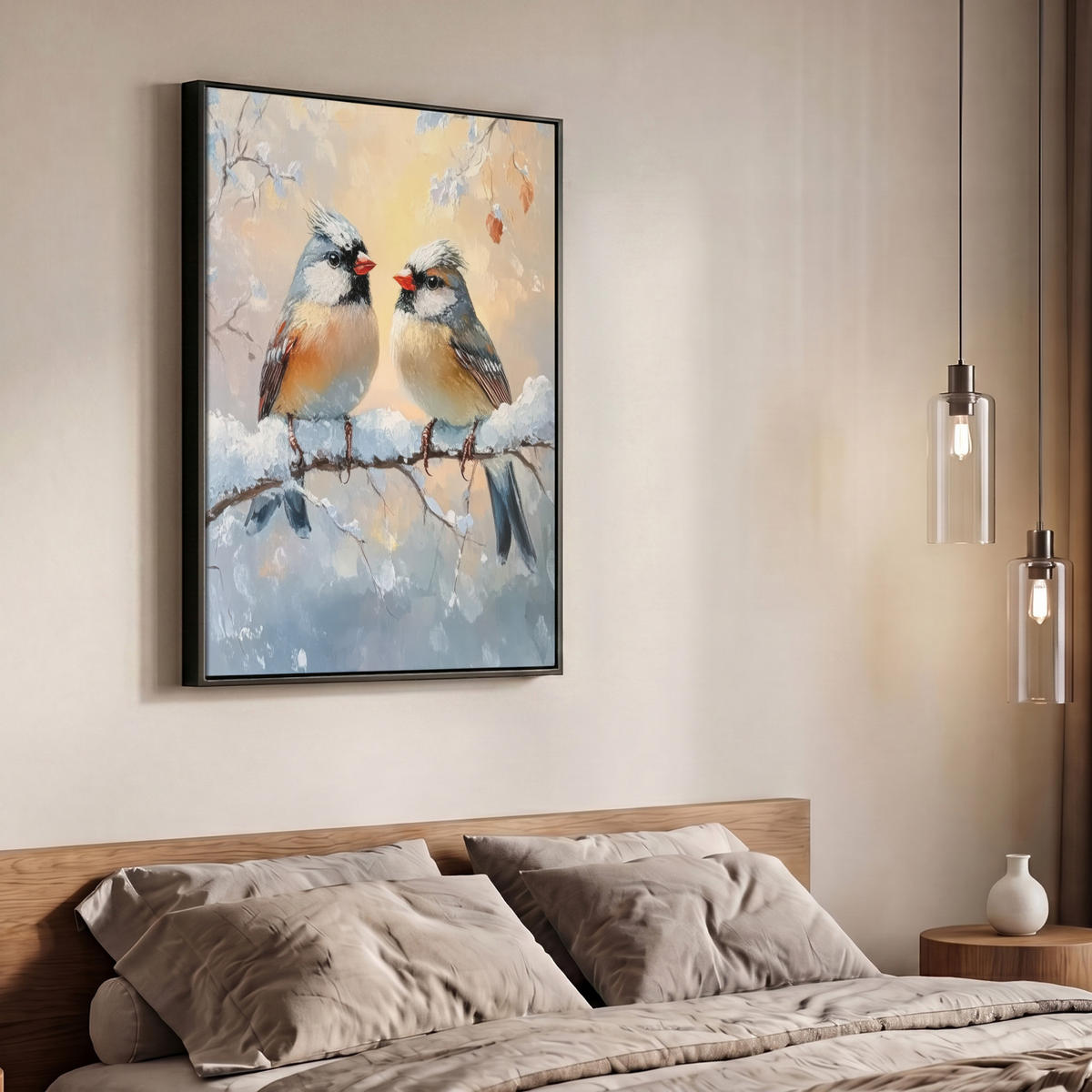 LEINWAND Bilder mit Rahmen - Vögel - Zweig - Winter - Schnee - 70x100 - Pastellblau, Textil (70/100cm) - MuchoWow