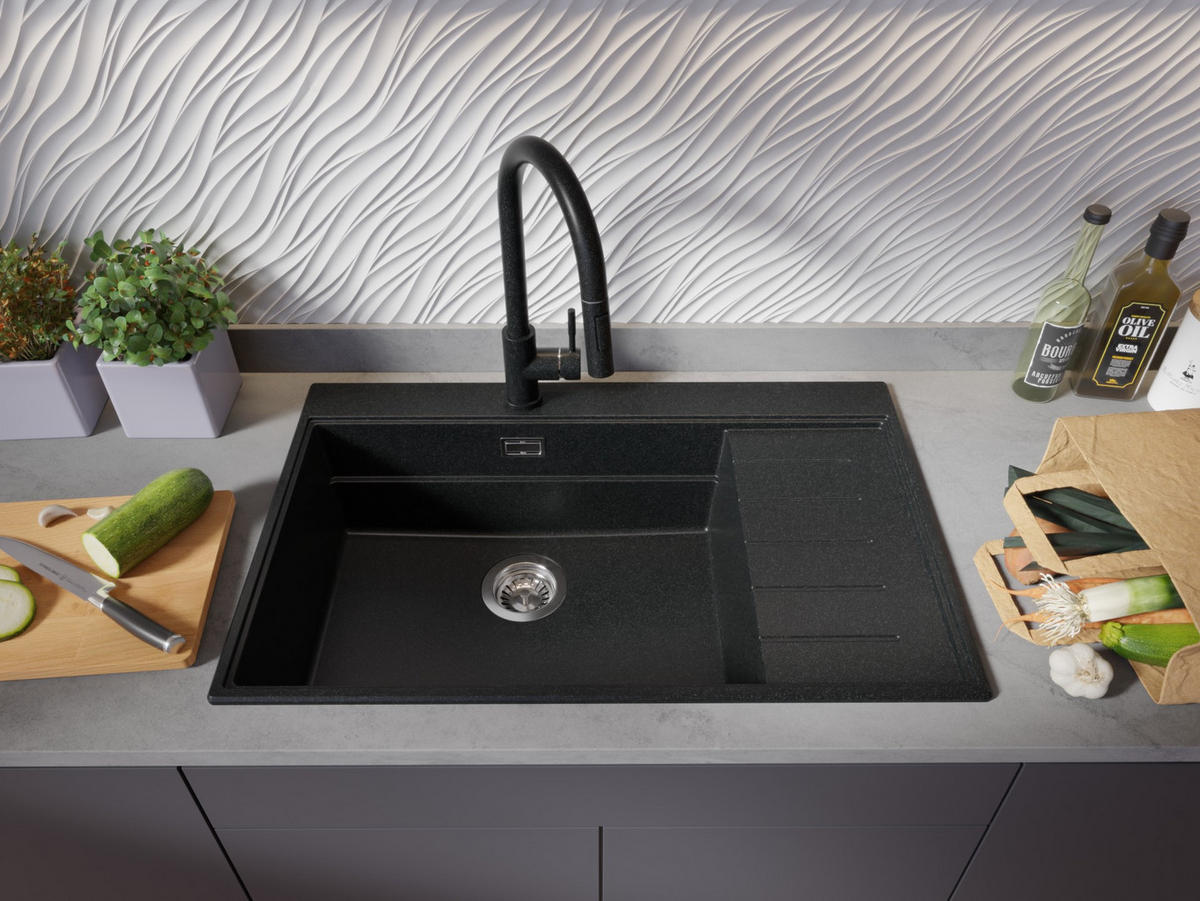 SPÜLBECKEN Sydney, 2-er set Anthrazit 78/50 cm 1 Becken + Ablauf-Set + Küchenzubehörset ab 60er Unterschrank - Chromfarben/Anthrazit, Kunststoff (78/20/50cm) - Primagran