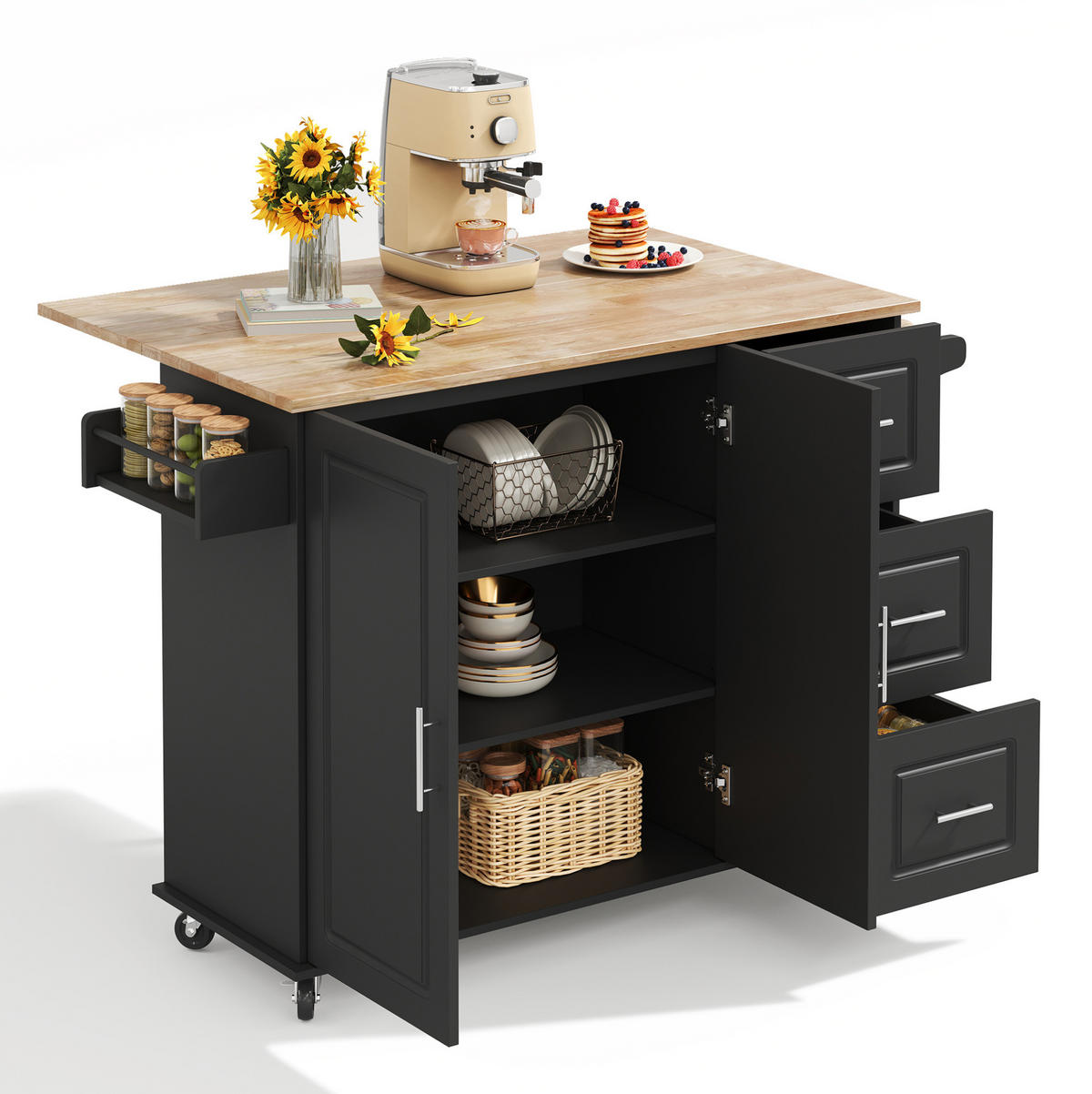 KÜCHENINSEL 137/43(76)/92 cm mit klappbarer Arbeitsplatte, 3 Schubladen und Rollen, MDF, Schwarz - Schwarz, Holzwerkstoff (137/92/76cm) - Redom