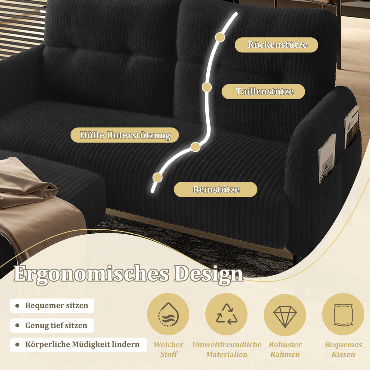 SOFA Set, 2-Sitzer+Sessel+Hocker, Cord, Schwarz - Schwarz, Textil/Metall (120/79/75cm) - LVHOM