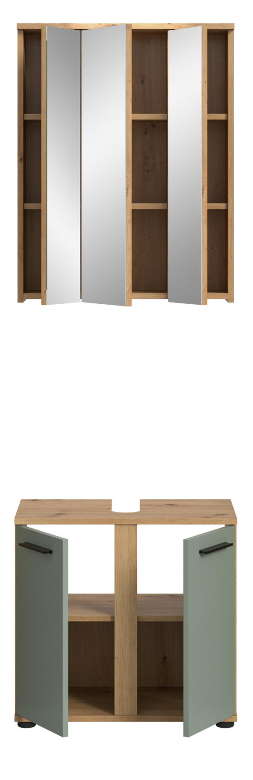 BADMÖBEL-SET Salbei grün, Eiche Artisan 60 cm 2-teilig, Badezimmerschränke in modernem Stil - Salbeigrün/Schwarz, Glas/Holzwerkstoff (60/191/34cm) - Inn.Furn