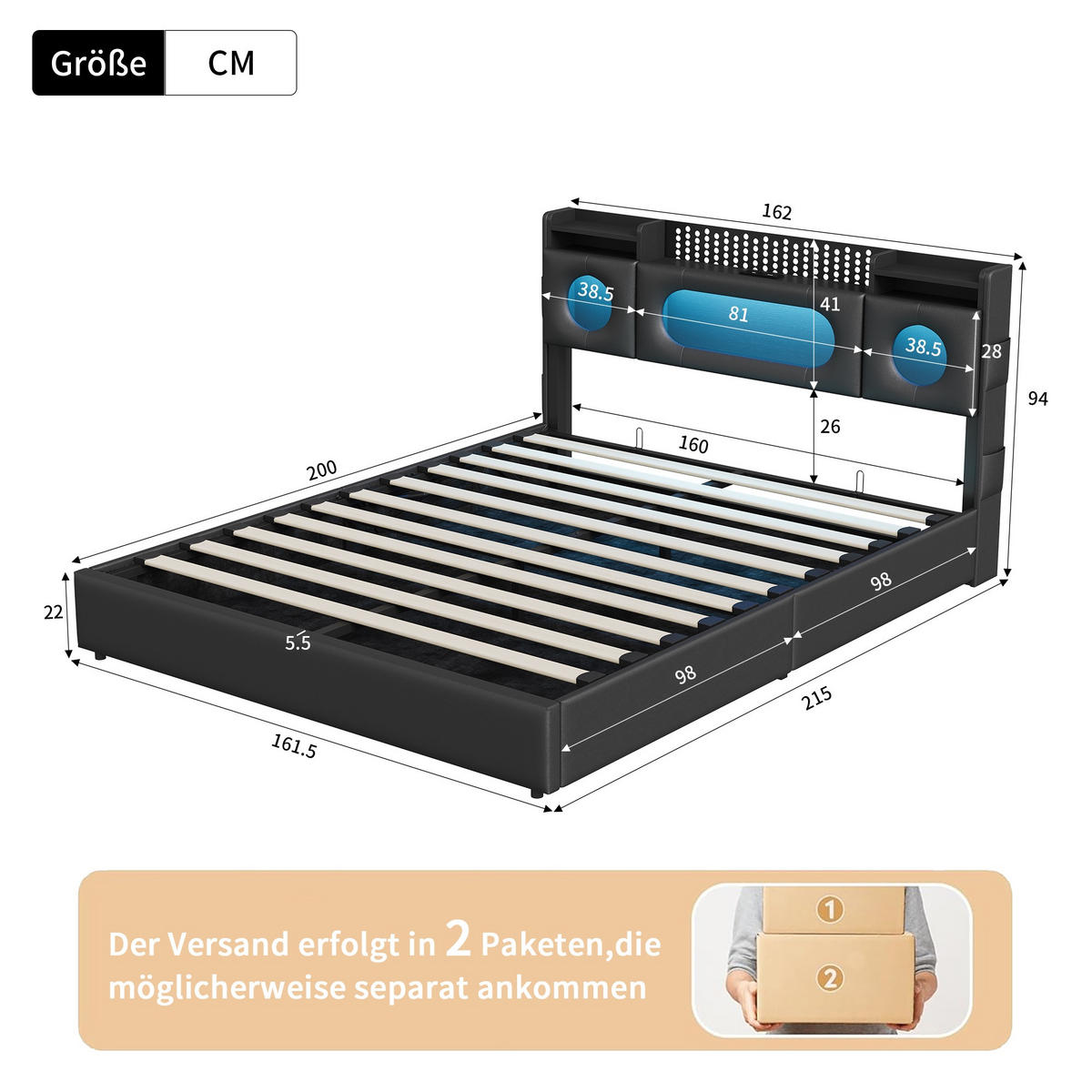 POLSTERBETT 160x200cm mit Hydraulischem Stauraum - LED-Beleuchtung - integrierter Ladestation - Schwarz - Schwarz, Leder (160/200cm) - DELFA