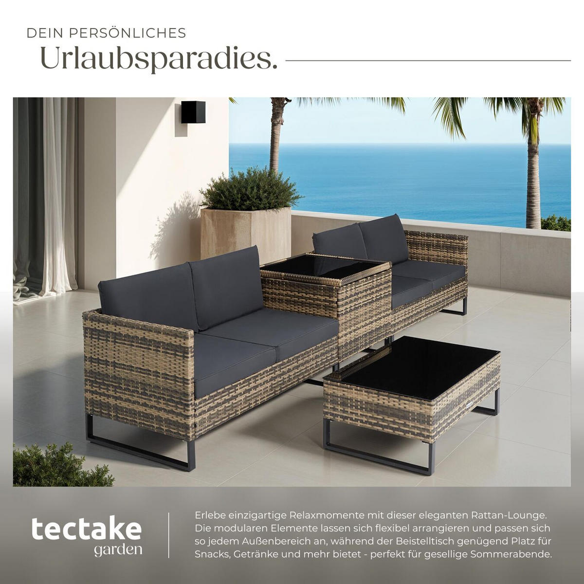 RATTANLOUNGE Ostuni, mit Sicherheitsglasplatte, natur - Naturfarben, Kunststoff - tectake