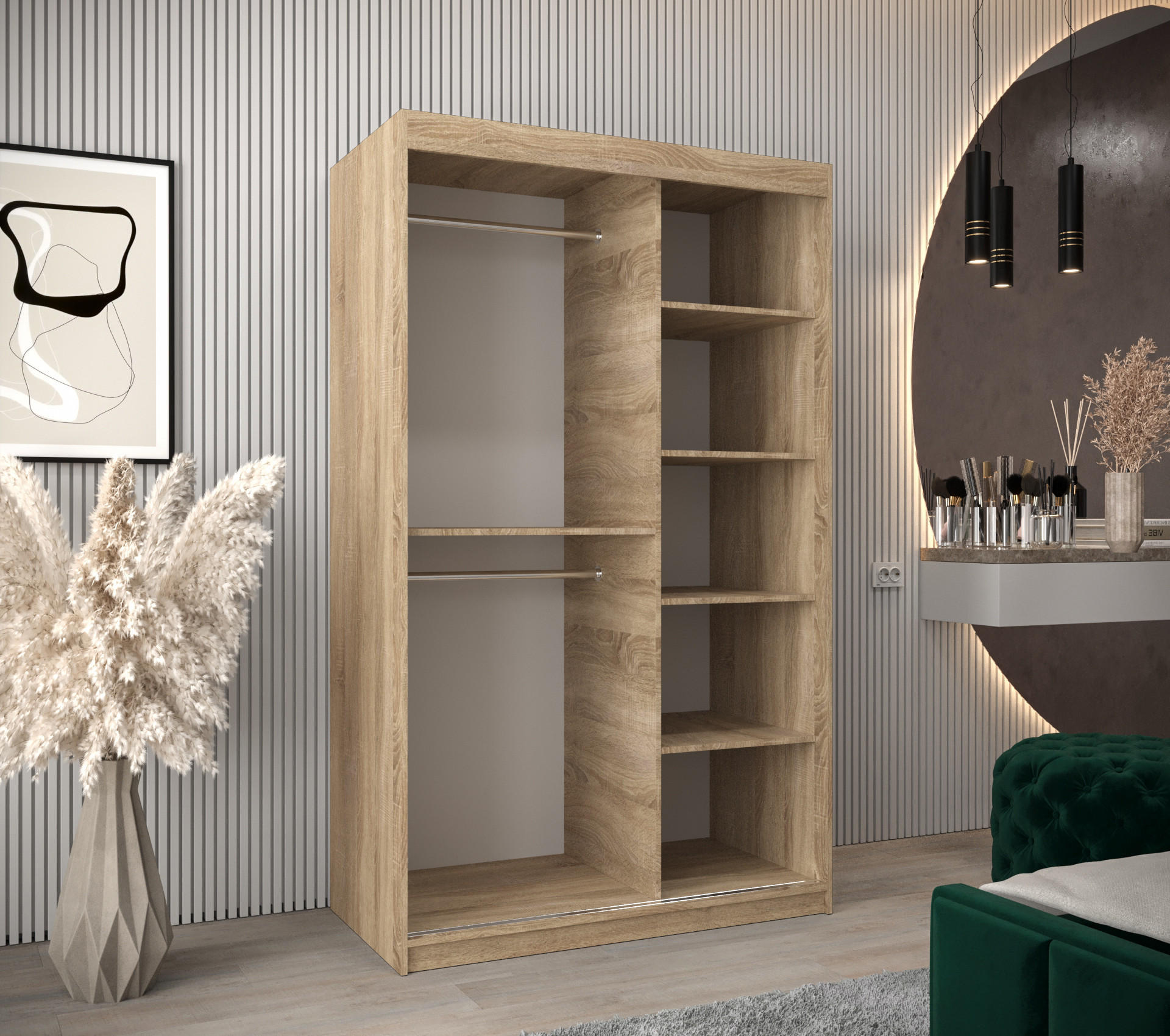 Thumbnail - Möbel Kryspol Schwebetürenschrank, Sonoma Eiche, Weiß, Silber, Kunststoff, Nachbildung, 5 Fächer, 120x200x62 cm, Schlafz...