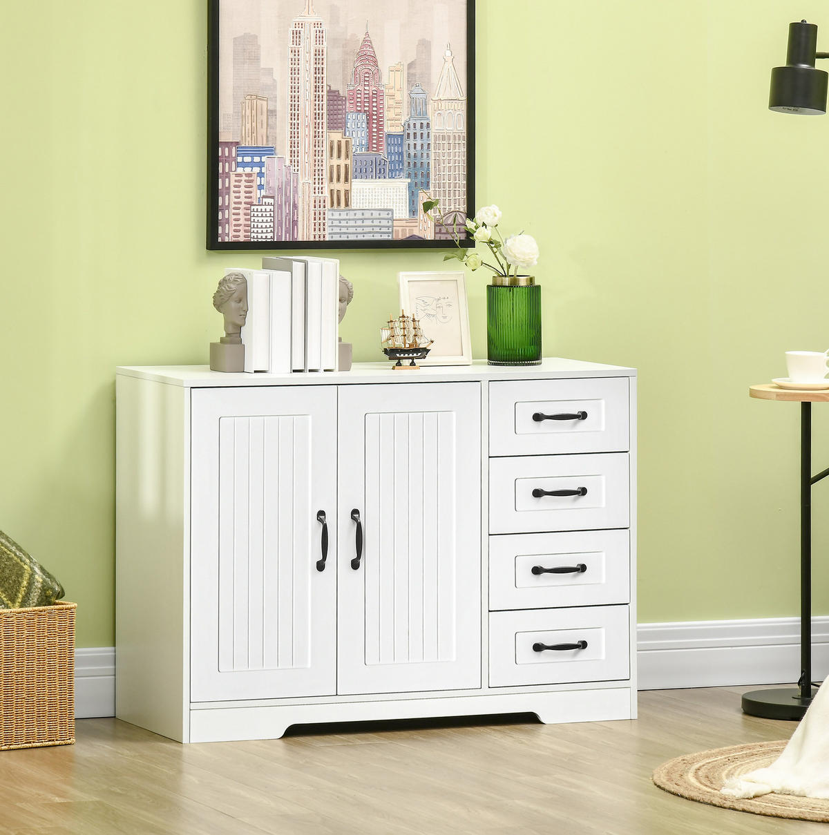 SIDEBOARD aus MDF 40x105x76 cm Weiß mit 4 Schubladen, verstellbarem Einlegeboden und Kippschutz - Weiß, Holzwerkstoff (105/76/40cm) - Modfu