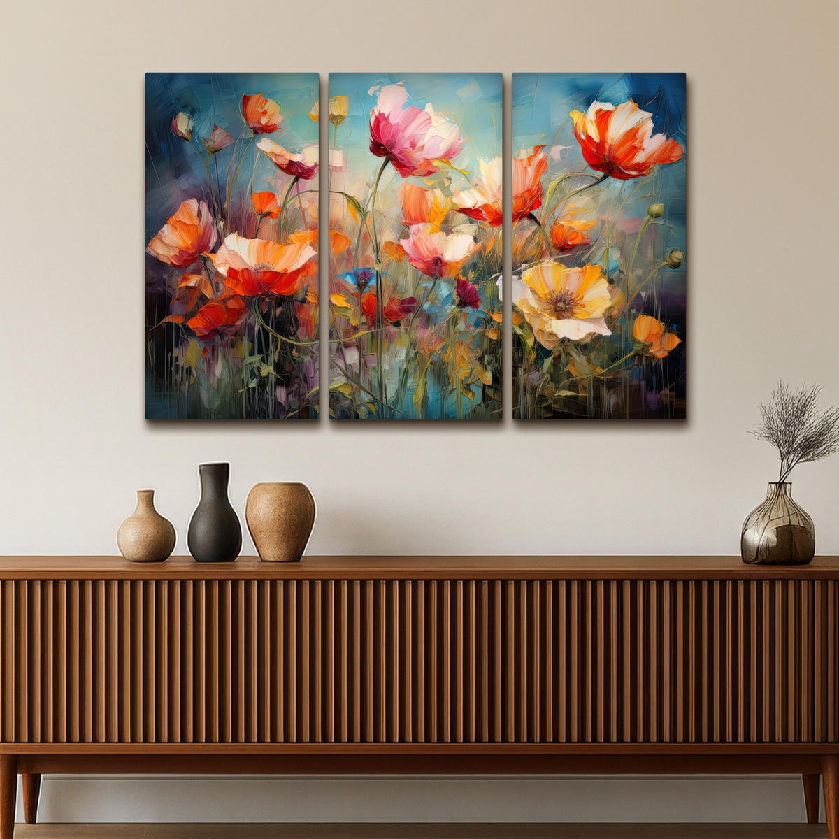 LEINWANDBILD 3er Set Blumen - Bunt - Abstrakt 120x80 cm - Blaugrau, Textil (120/80cm) - MuchoWow