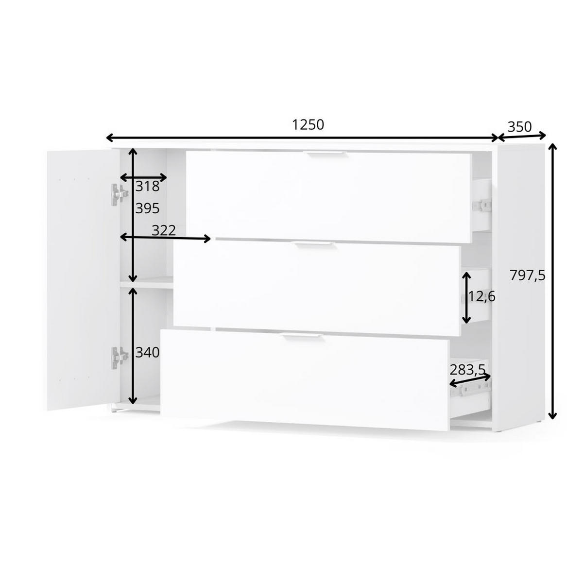 KOMMODE Florina weiß / Eiche Artisan 125 / 35 / 79cm - Eichefarben/Weiß, Holzwerkstoff/Kunststoff (125/79/35cm) - Feldmann-Wohnen