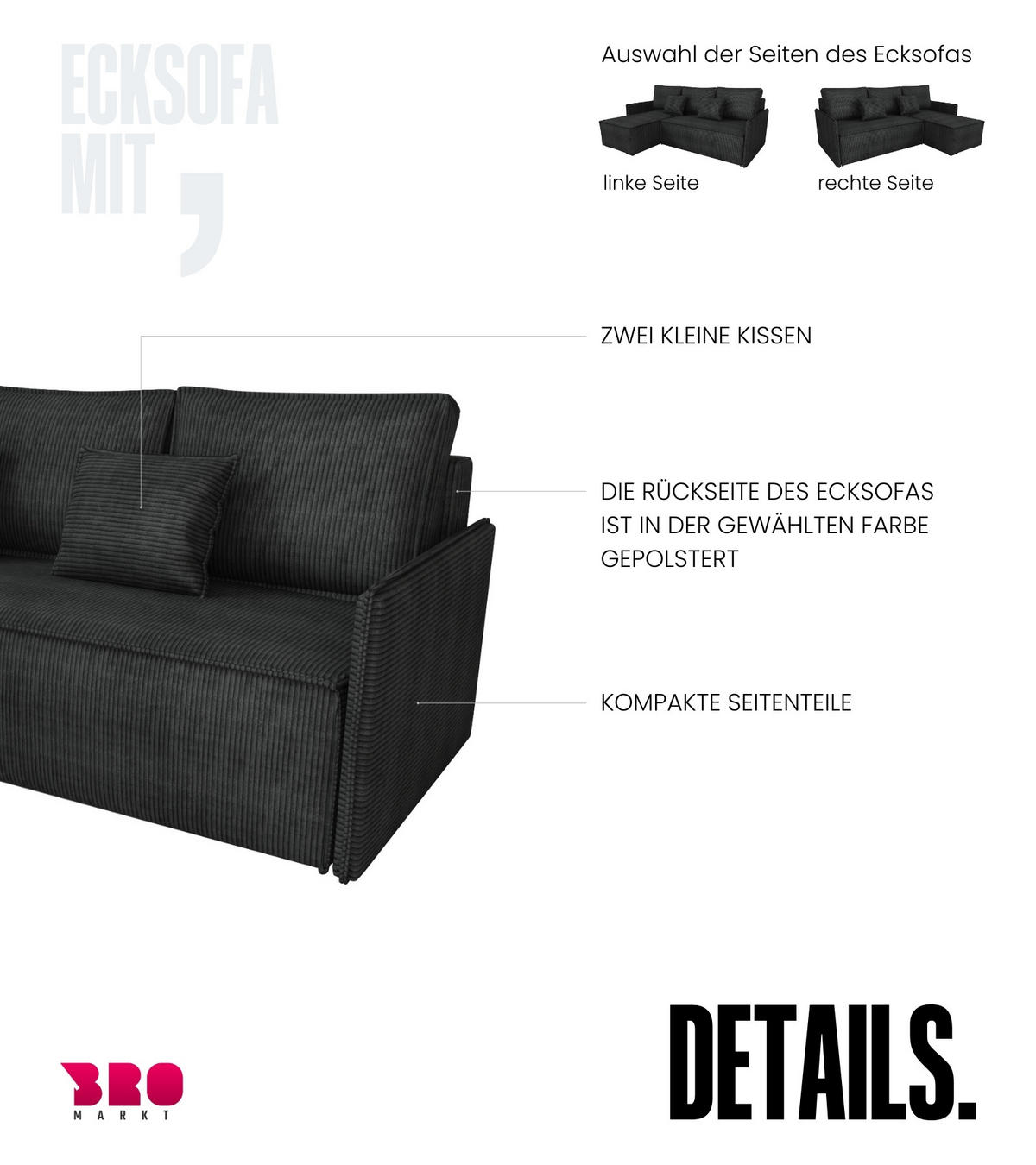 ECKSOFA Atlantic mit Schlaffunktion Schwarz Cord - Schwarz, Textil (238/141cm) - Bromarkt