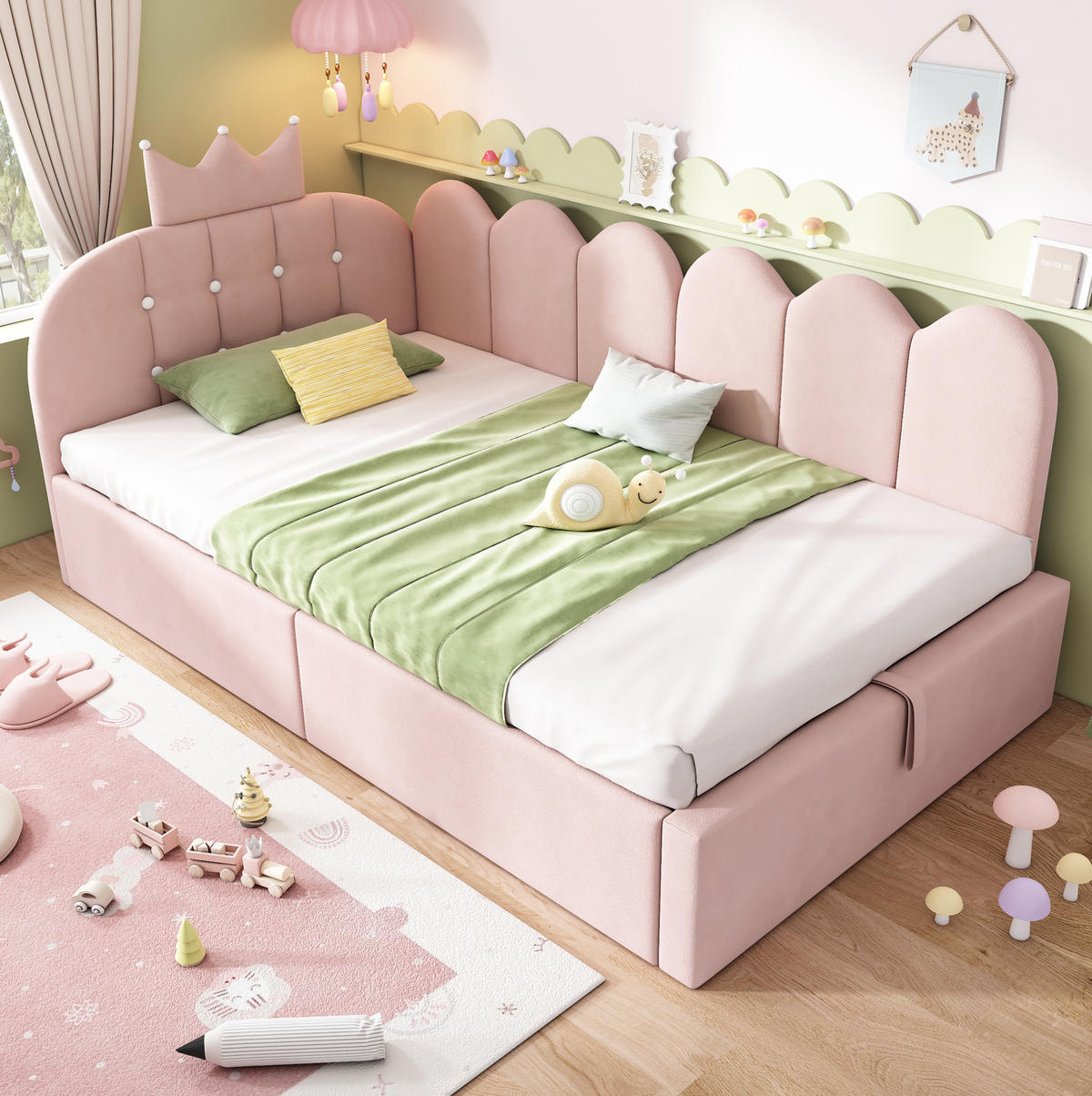 POLSTERBETT aus Samt 90x190 cm Rosa mit hydraulischem Stauraum und Kronen-Gitter-Design - Rosa, Textil (90/190cm) - Modfu