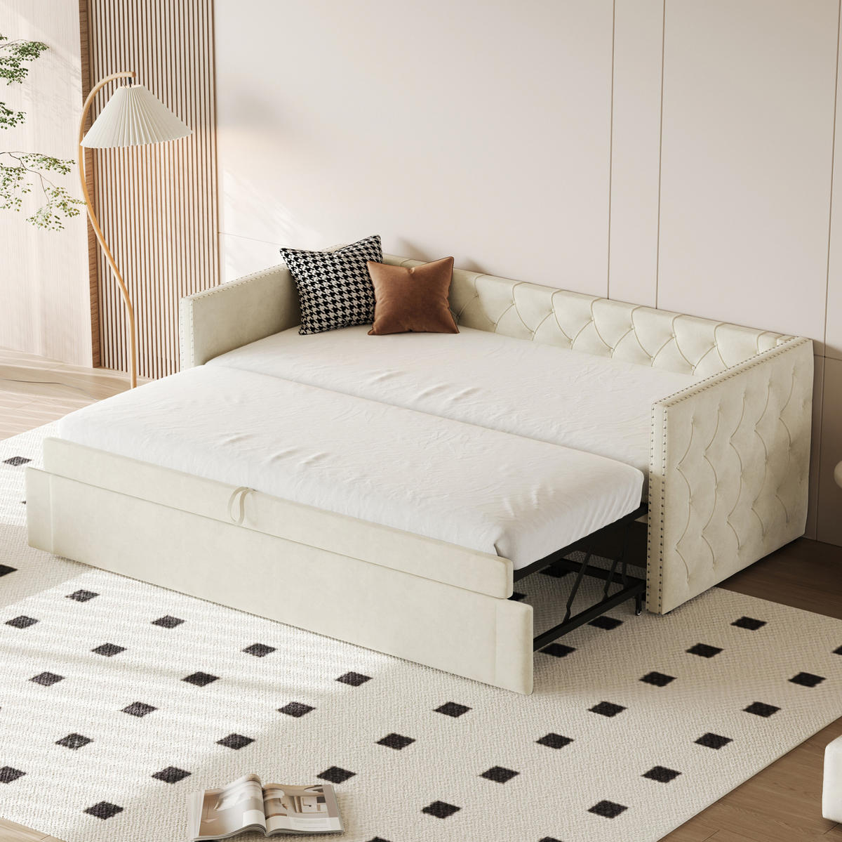 SAMT-POLSTERBETT 90/200 cm Beige inkl. Lattenrost, ausziehbar als Schlafsofa - Beige, Textil (90/200cm) - BEAOK