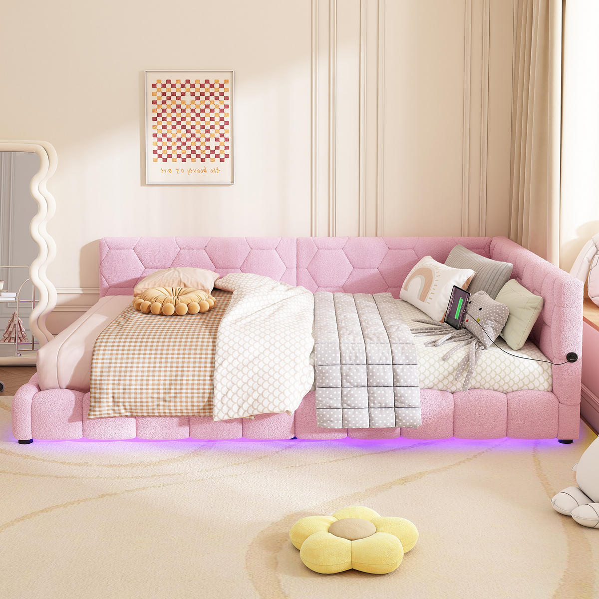 POLSTERBETT 140/200 cm Rosa mit LED-Beleuchtung mit USB- und Type-C-Anschlüssen - Rosa, Textil (140/200cm) - OKWISH