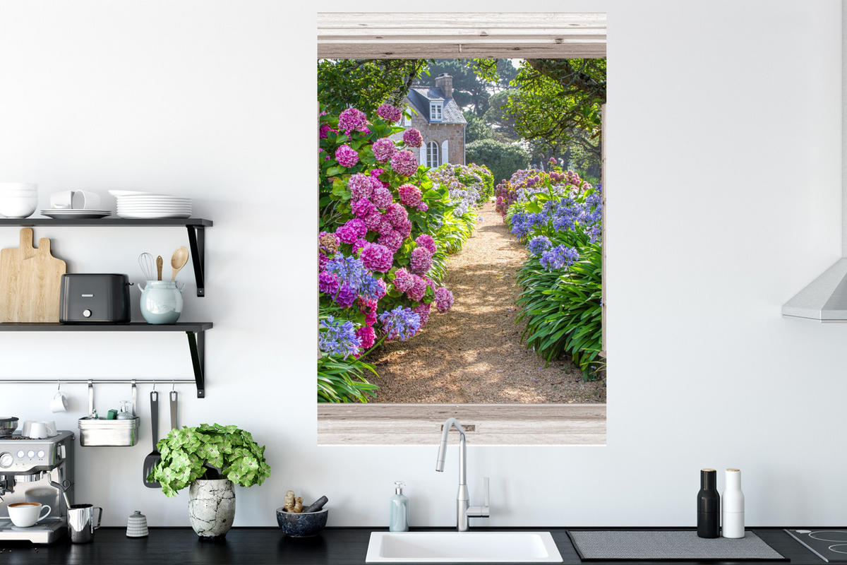 WANDTATTOO Hortensie - Fensterblick - Blumen - Sommer - Lila - Weg 80x120 cm - Lila, Kunststoff (80/120/0.1cm) - MuchoWow