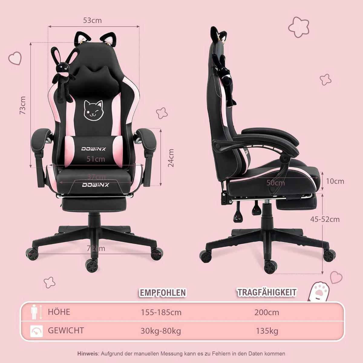 GAMING-STUHL mit Katzen-Edition und Fußstütze Schwarz/Pink - Pink, Kunststoff (83/22/57.5cm)