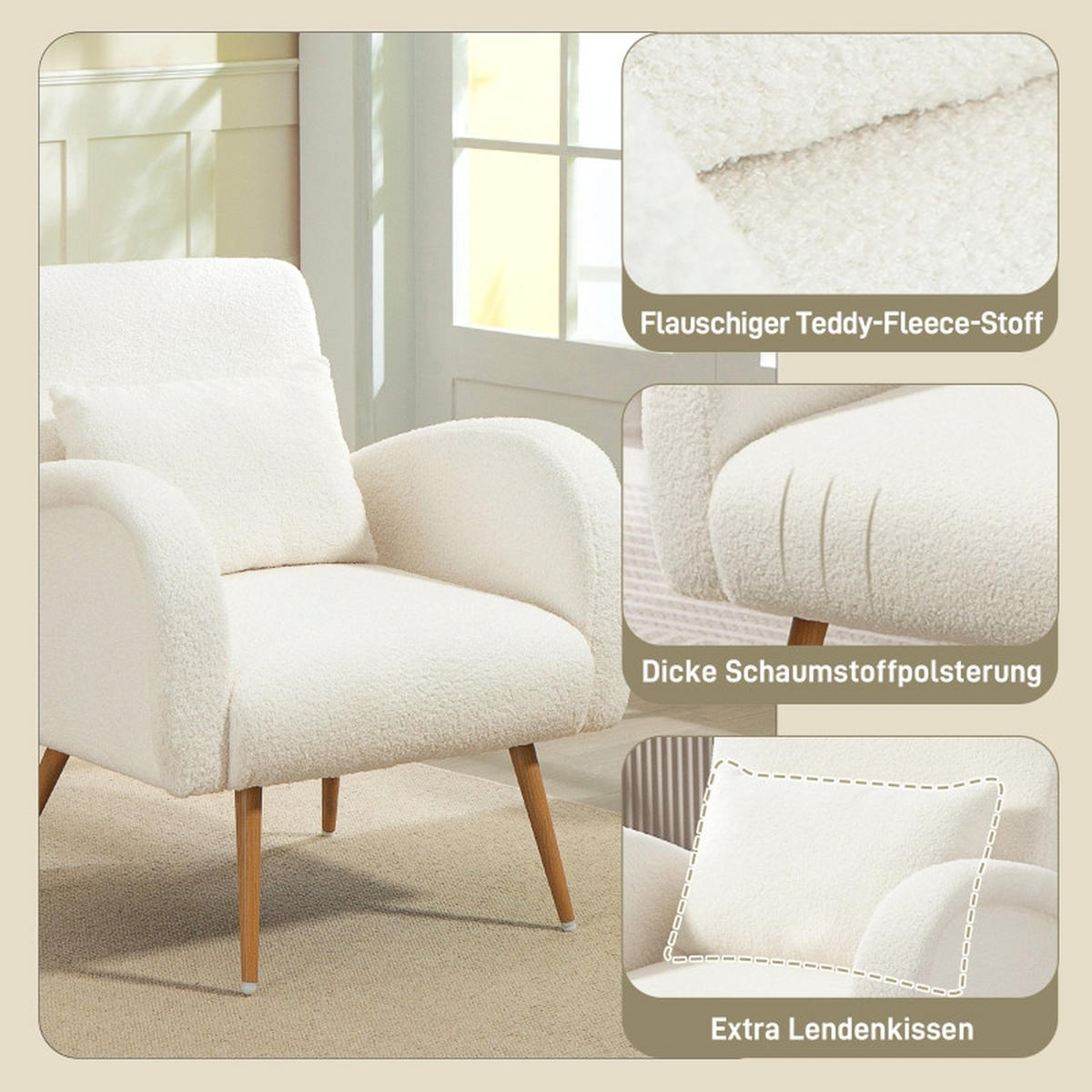 SESSEL Fleece Cremeweiß mit Lendenkissen - Weiß, Holzwerkstoff/Textil (77/83/77cm) - WISHDOR