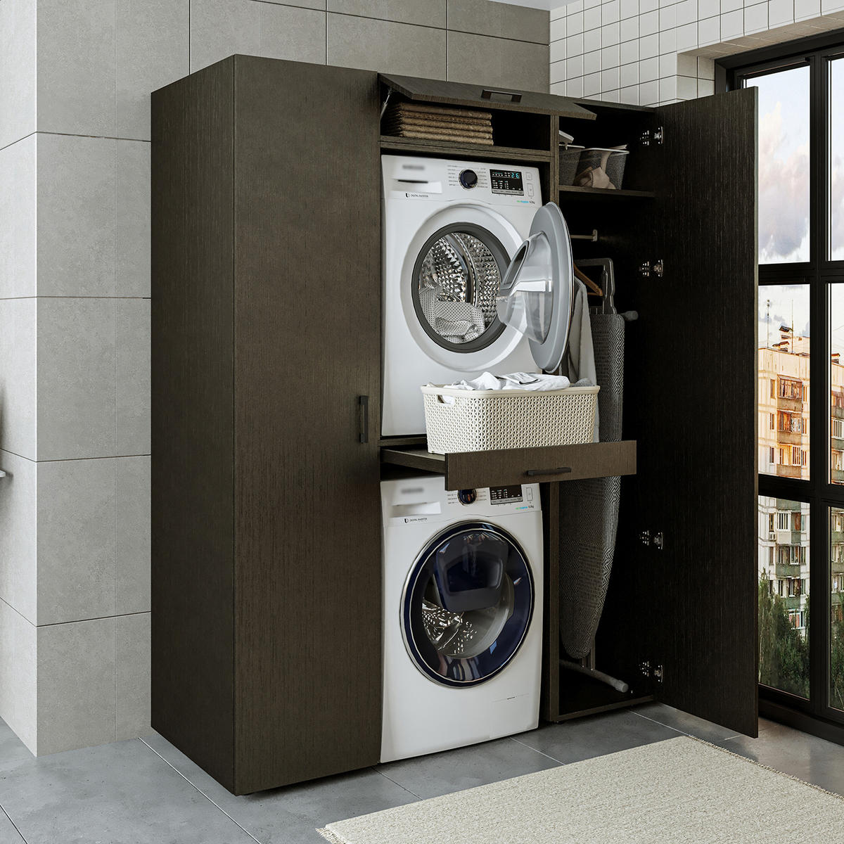 WASCHMASCHINENSCHRANK DUO-I 157cm Breit, 205cm Hoch - Schwarz, Holzwerkstoff (157/205/67cm)