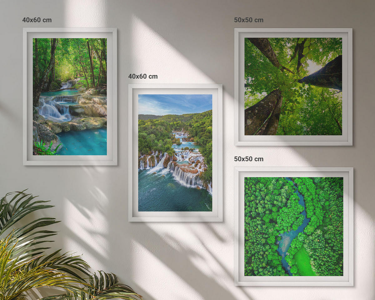 BILDER SET 4er Set - 50x50 cm & 40x60 cm Weißer Rahmen - Wasserfälle grüner Wald Wasser - Weiß, Kunststoff (50/50cm) - TULUP