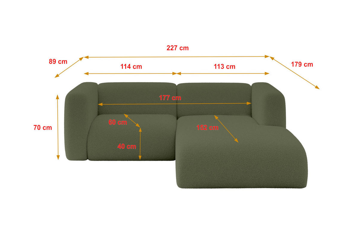 ECKSOFA Ottomane Rechts MIRA-L1 227x179x89 Grün Bouclé - Schwarz/Olivgrün, Holzwerkstoff/Kunststoff (227/179cm) - ALTDECOR