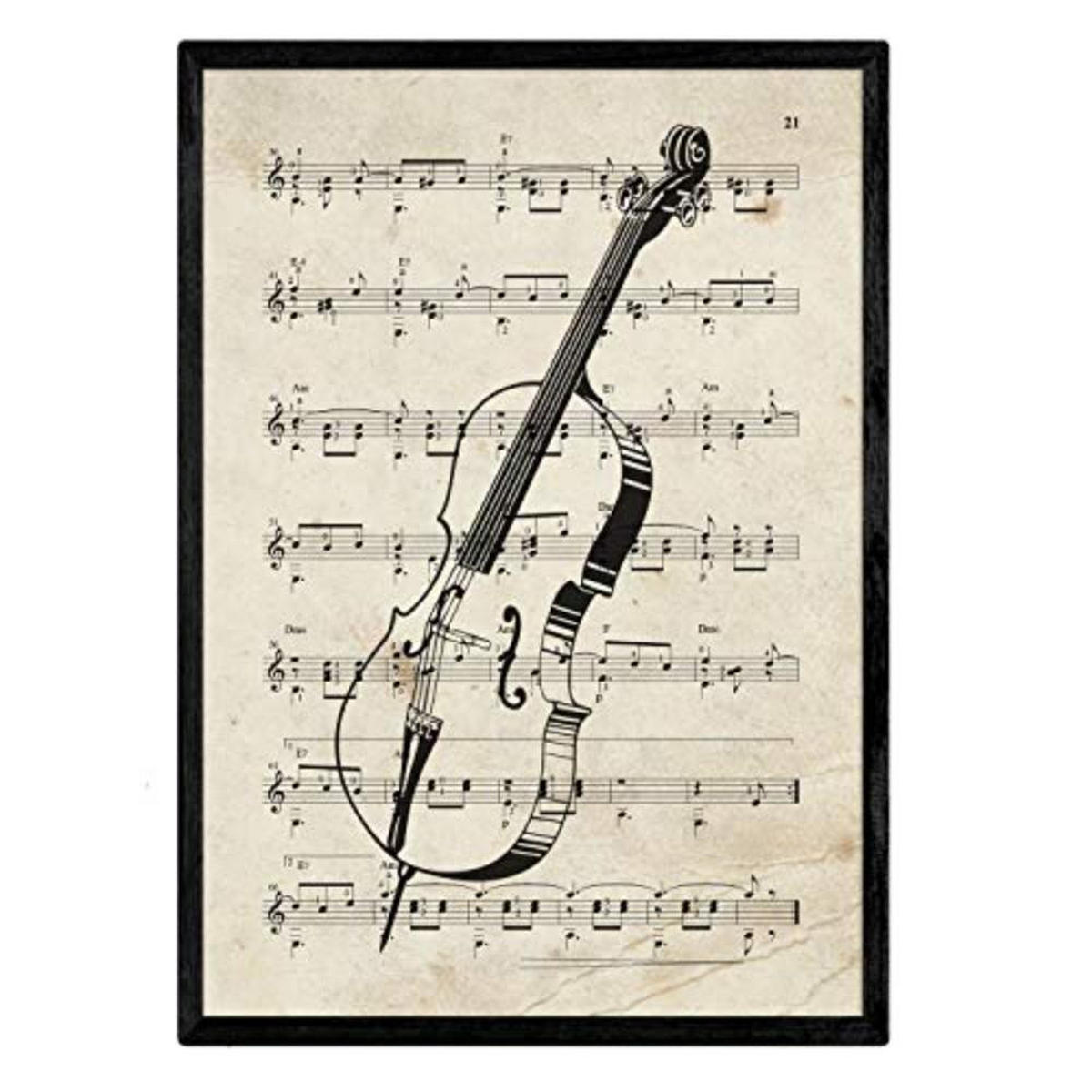 POSTER Set mit 4 Instrumente mit Noten Klavier, Geige, Cello, Akkordeon A4 Schwarzer Rahmen - Schwarz, Papier (29.7/3cm) - Nacnic