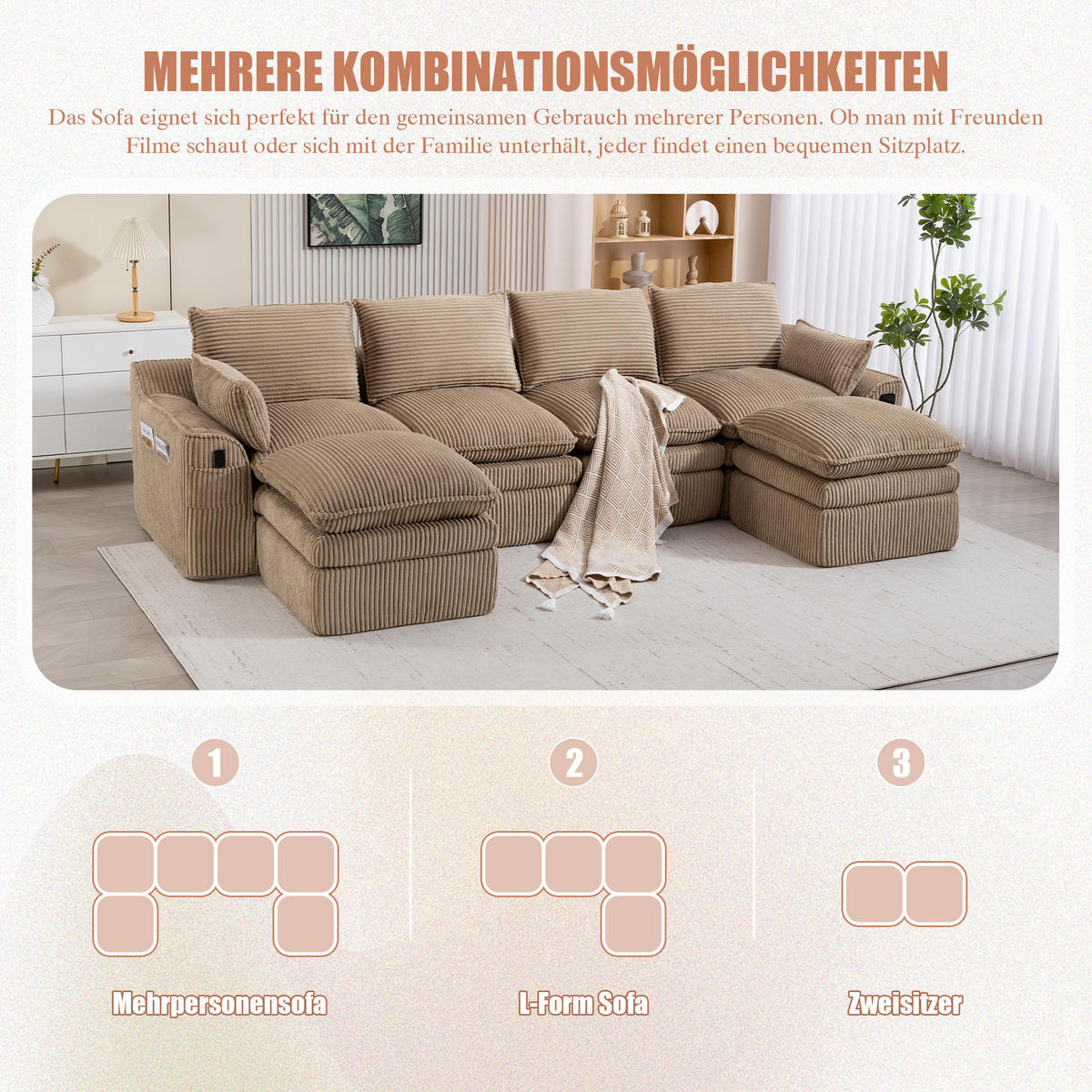 WOHNLANDSCHAFT Cord Khaki mit Kissen, Hocker und Seitentaschen - Hellbraun, Textil (335/85/167cm) - WISHDOR