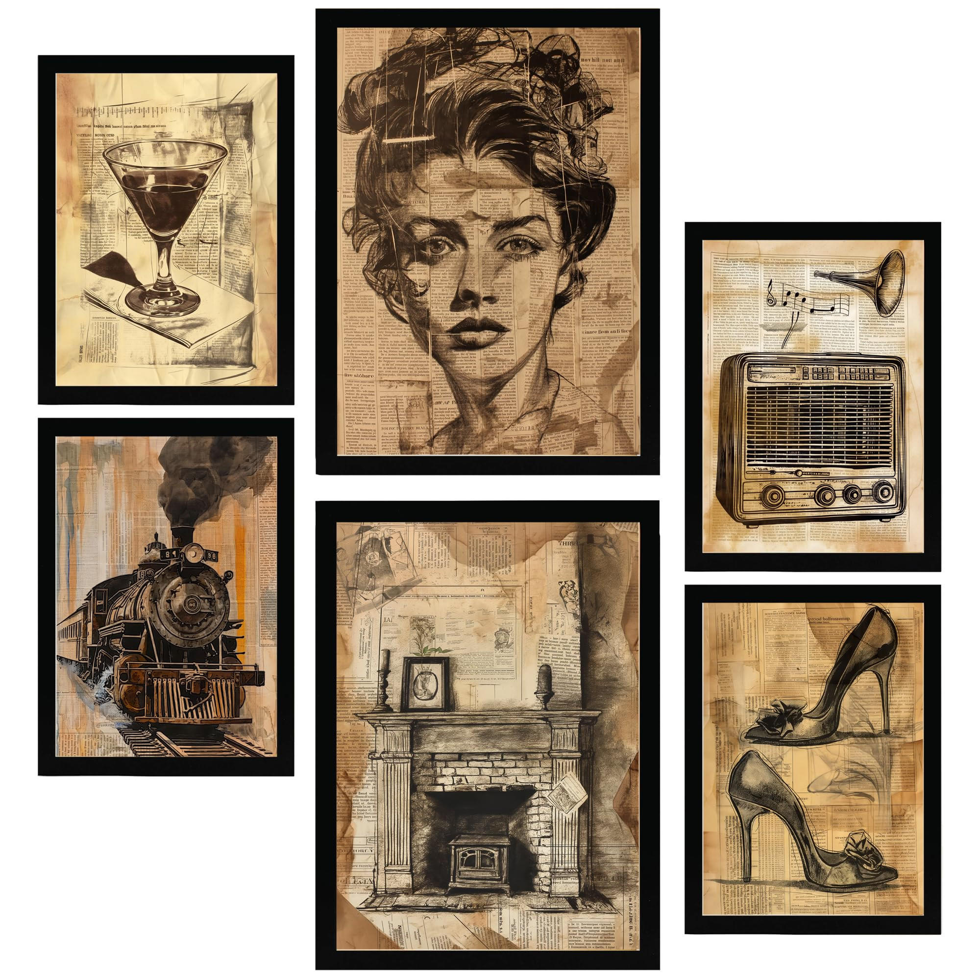 POSTER Set Mit 6 Vintage Life Wein Zehenschuhe Radio Frau A3 & A4 Schwarzer Rahmen - Schwarz, Papier (29/3cm) - Nacnic